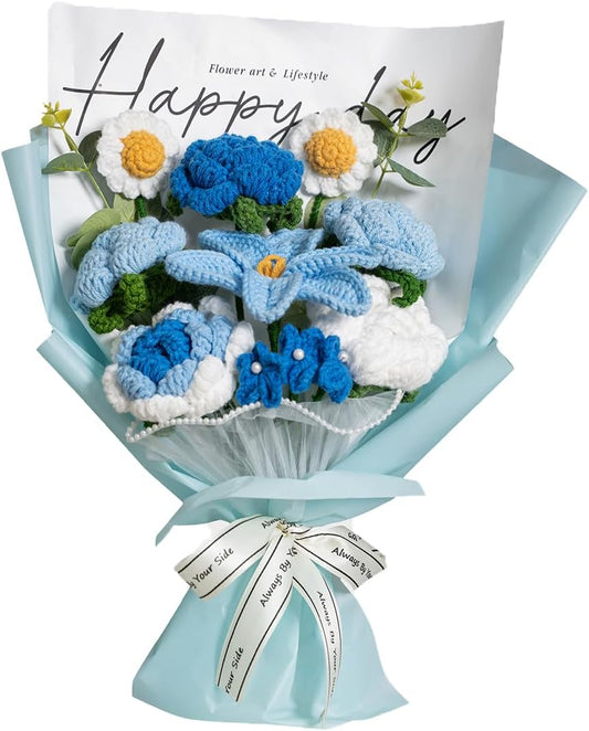 Completed Blue Crochet Flowers Bouquet, Handmade Knitted Bouquet, Crochet Artificial Flowers for Mother's Day, Graduation, Birthday, Wedding, Home Decor, Gifts (Blue Rose)