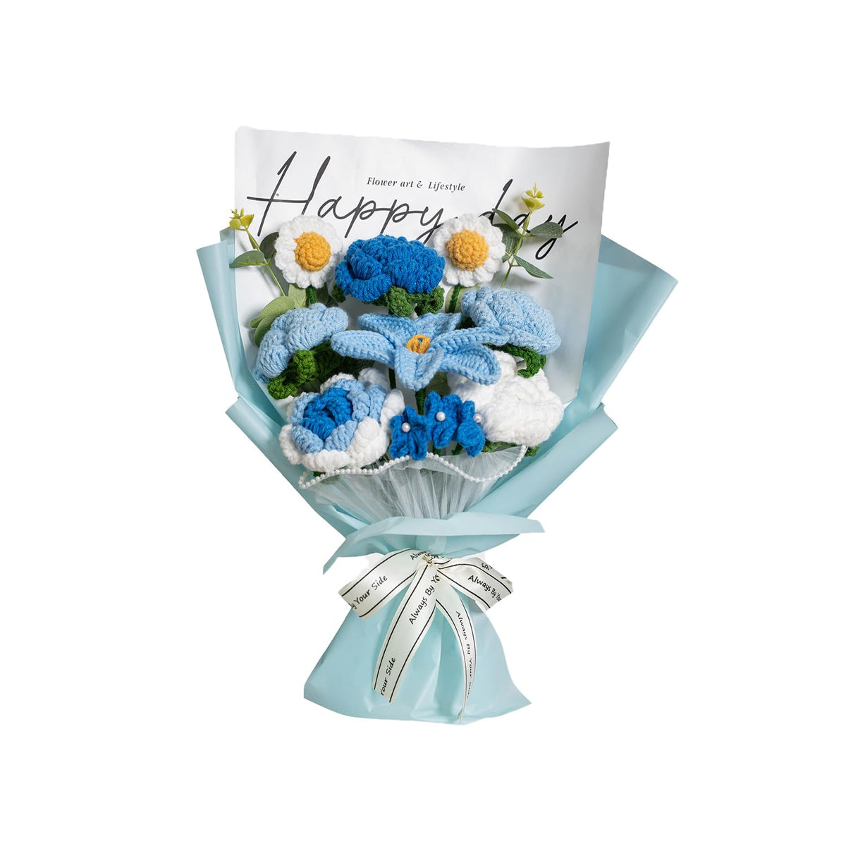 Completed Blue Crochet Flowers Bouquet, Handmade Knitted Bouquet, Crochet Artificial Flowers for Mother's Day, Graduation, Birthday, Wedding, Home Decor, Gifts (Blue Rose)