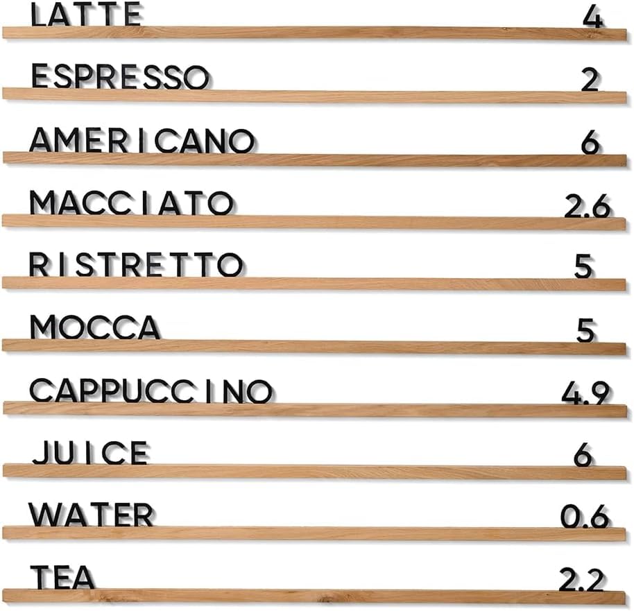 Inko Horeca Wooden Wall Menu Board - 10 Oiled Oak Rails + 400 White Letters - Changeable Letter Shelf Display for Cafe, Restaurant & Home Decor