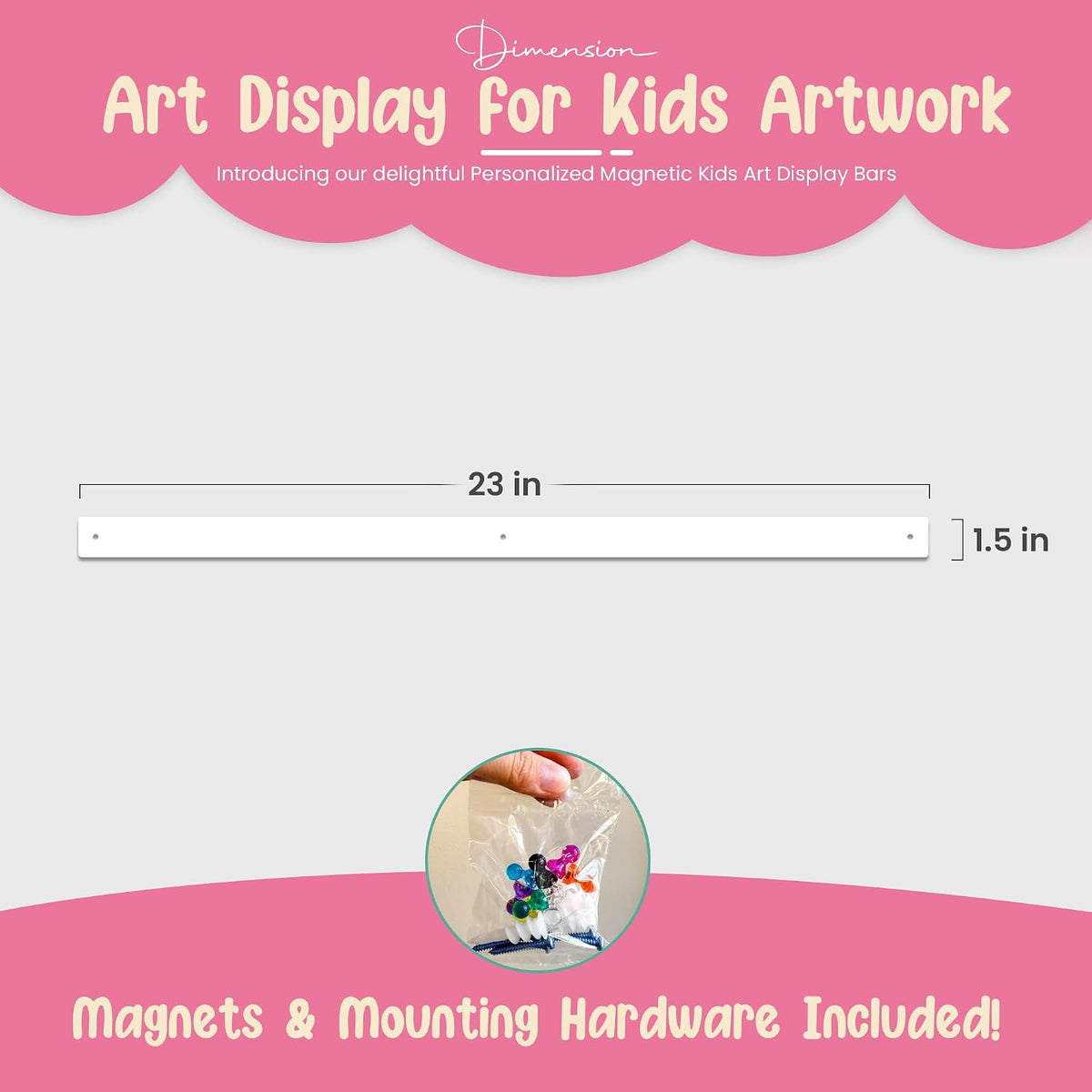 Magnetic Art Display for Kids Artwork - Kids Art Display - Artwork Display for Kids Art for Wall - Picture Hanging System - Display Children Artwork - Magnet Bar (White, 23in)