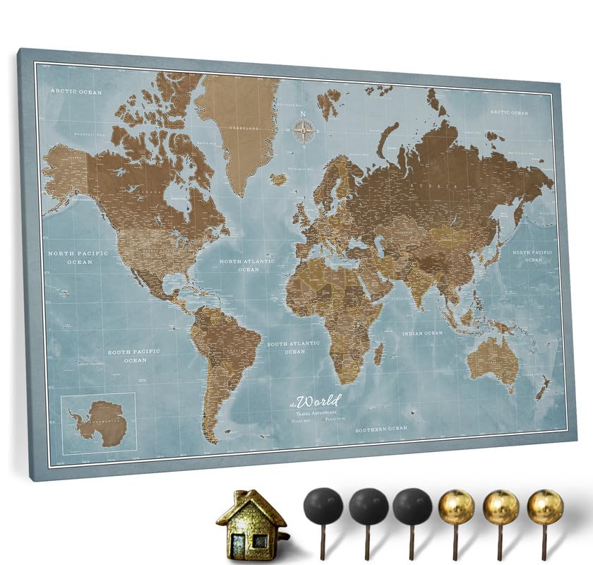 Canvas World Map with Cork Pin Board - English Lettering - Decorative Wall Decoration for All Rooms - Canvas Pictures with World Map Motif (70x50 cm, Pattern 20)