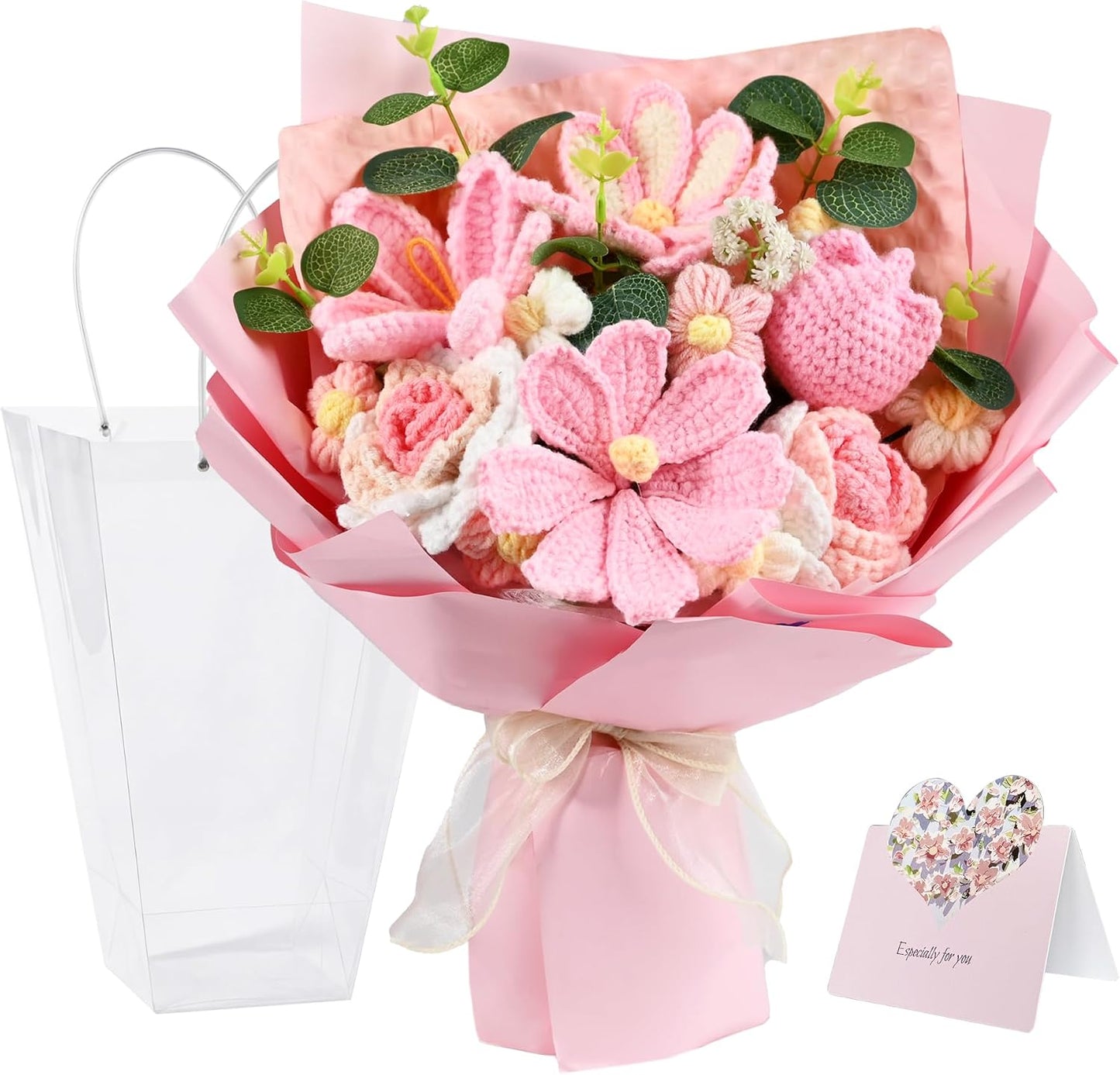 18Pcs Handmade Crochet Flower Bouquet Knitted Yarn Flowers with Bag & Card, Artificial Rose Daisy, Birthday Gifts for Women Mom Wife Girlfriend Sister Best Friend Pink