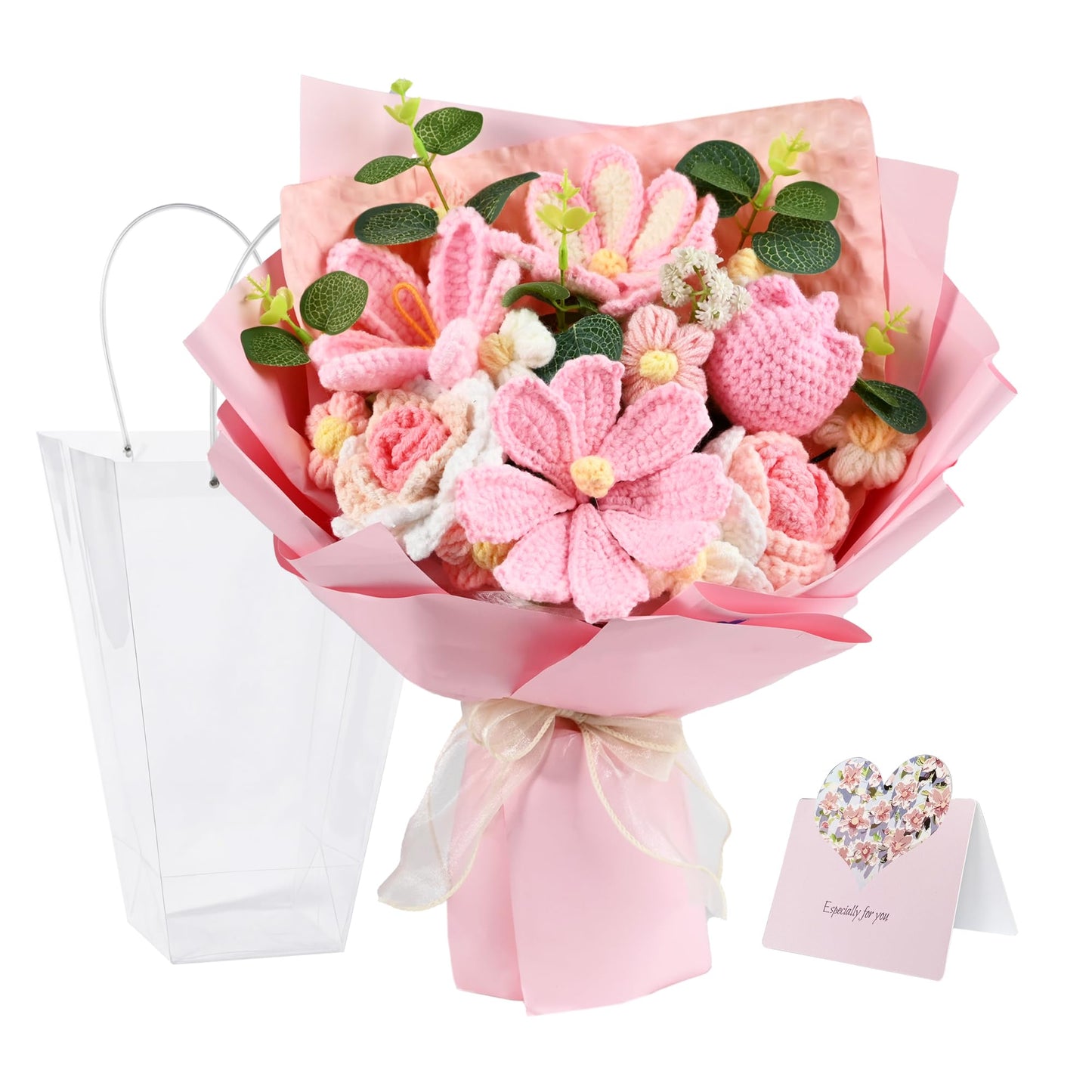 18Pcs Handmade Crochet Flower Bouquet Knitted Yarn Flowers with Bag & Card, Artificial Rose Daisy, Birthday Gifts for Women Mom Wife Girlfriend Sister Best Friend Pink