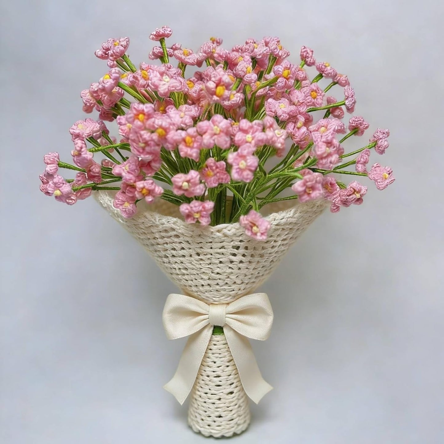 3Pcs Handmade Crochet Baby's Breath Bouquet, Bendable Stem Gypsophila, Forever Yarn Flower for Graduation Mother's Day Birthday Gift, Boho Farmhouse Desk Bedroom Home Decor(Pink)