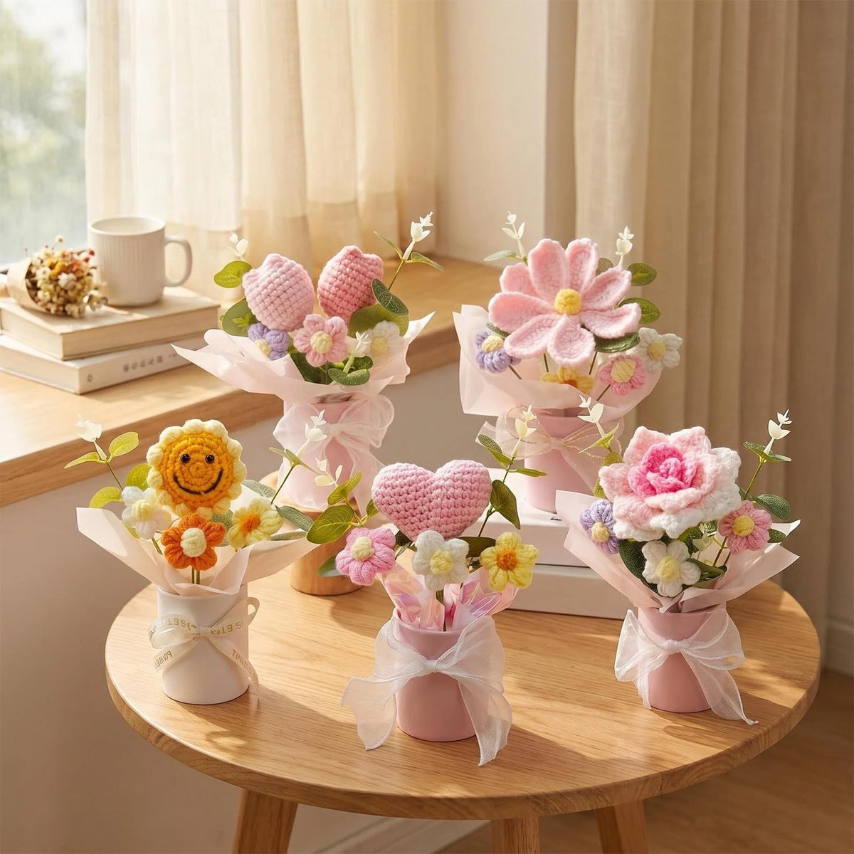 Crochet Pink Flower Bouquet, Small Handmade Desktop Decor Gifts For Women | Skin-friendly, Odor-free yarn, Pollen-free, Hypoallergenic, Great for Birthday, Mother's Day, Daughter & Grandma Gifts