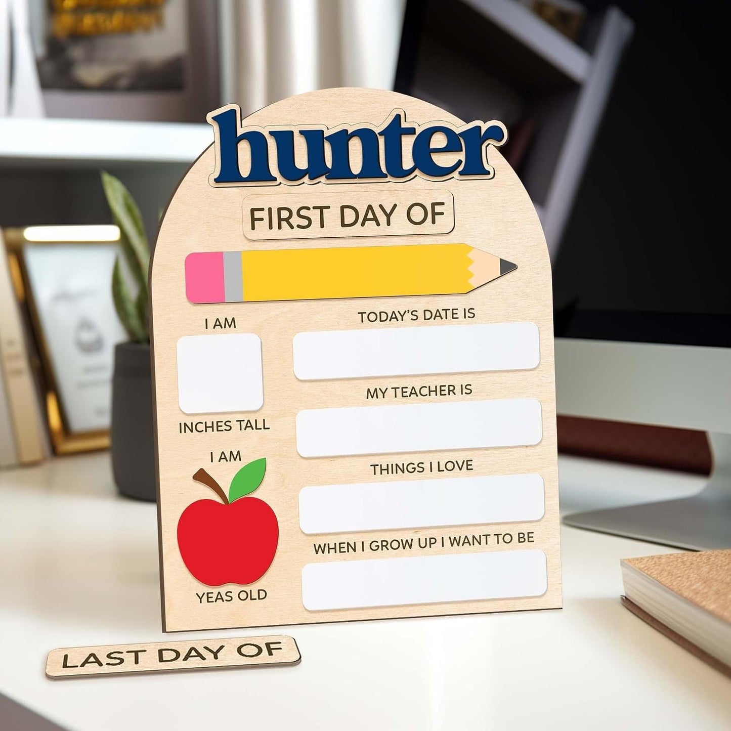 Custom Wooden First & Last Day of School Sign with Personalized Cut-Out Name – Reusable Dry Erase School Board for Preschool, Pre-K & Kindergarten Kids, Includes Marker, 8x10 & 10x12 (D10)