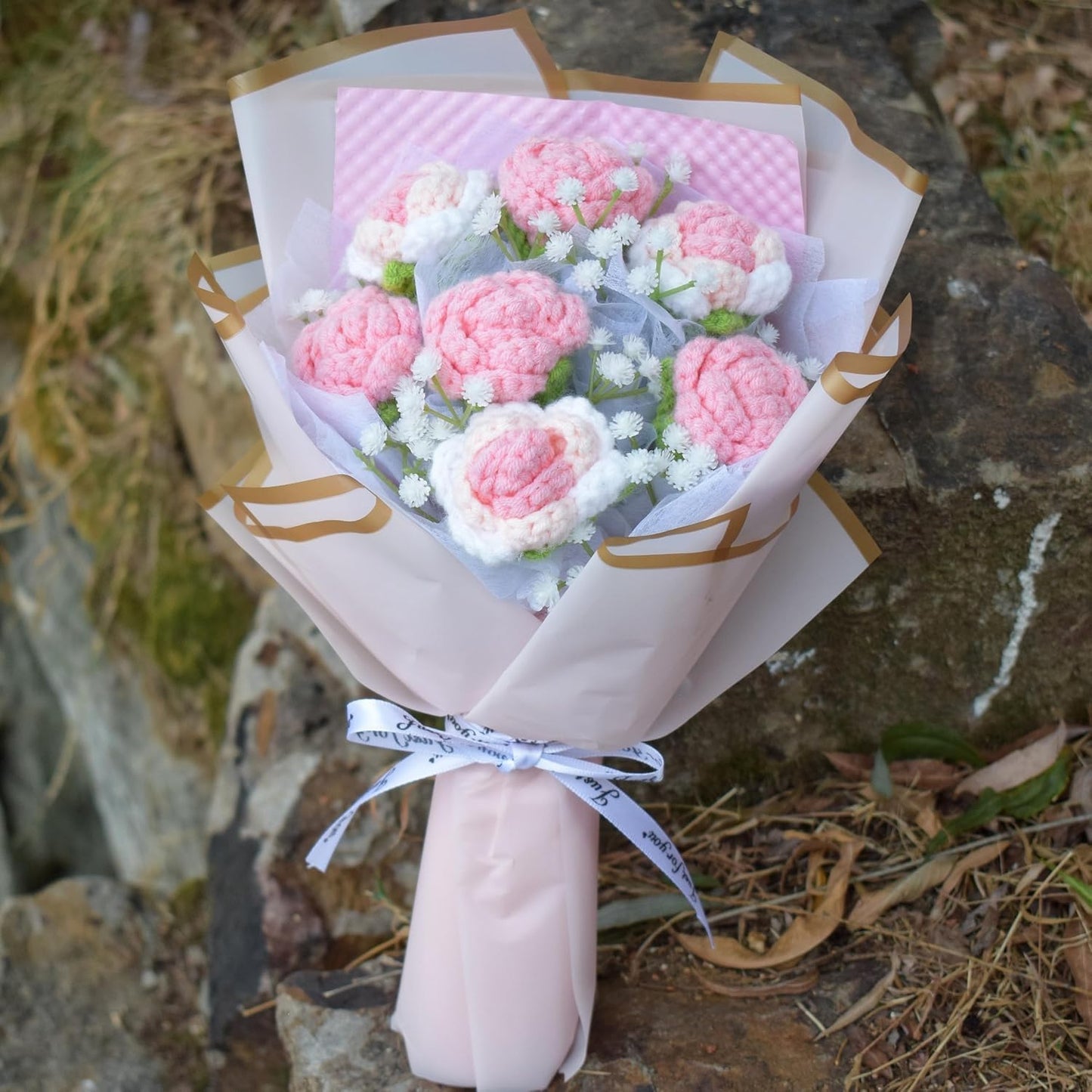 7pcs Crochet Roses Bouquet Pink, Knitted Flowers Bouquet, Preserved Rose Flowers, Artificial Flower Gift for Wife Girlfriend Friend Home Office Decor(Pink-Rose)