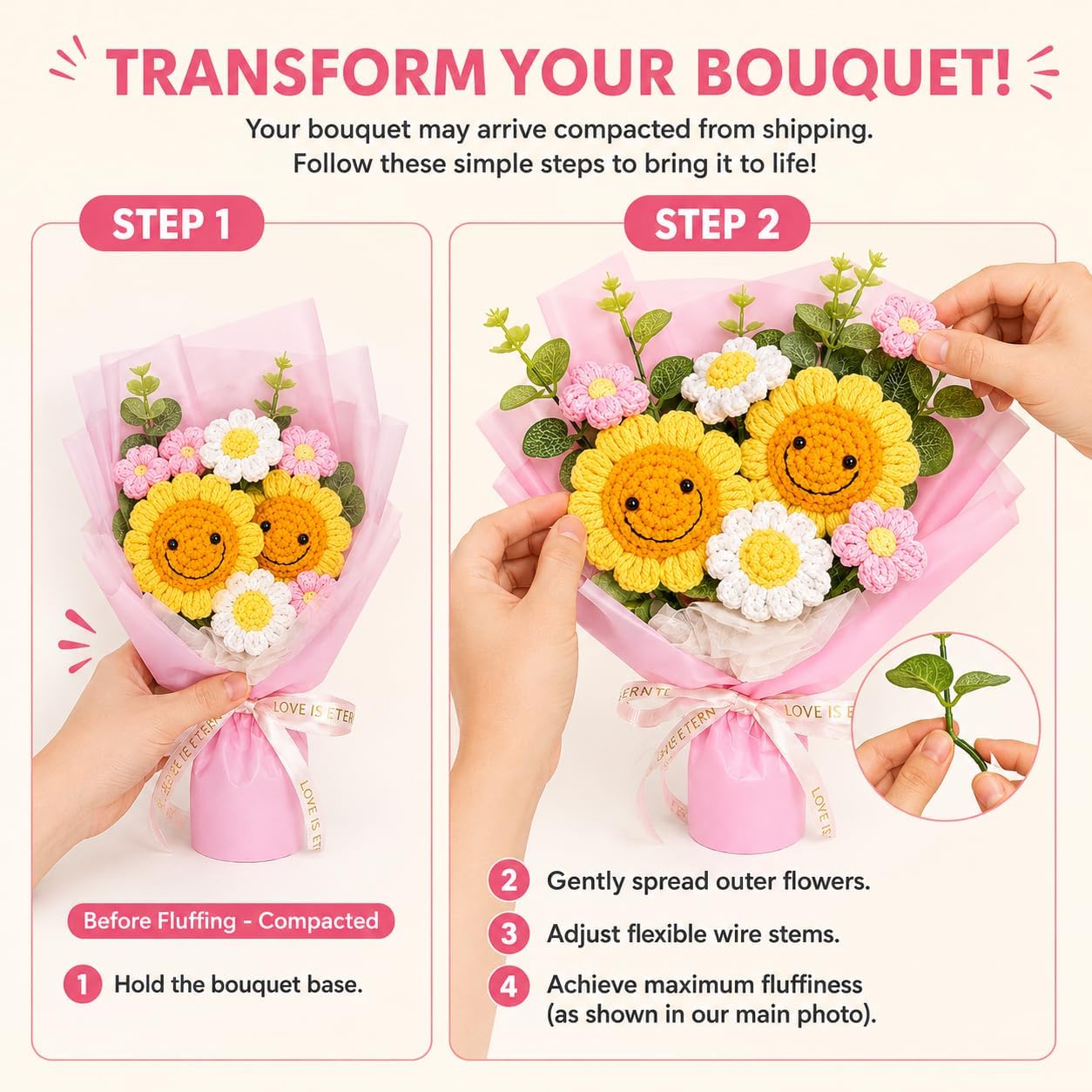 Crochet Flower Bouquet, Handmade Knitted Sunflowers Bouquet | Artificial Positive Crocheted Flowers for Girlfriend Mother's Day, Graduation, Birthday, Anniversary, Valentine's Day Gift