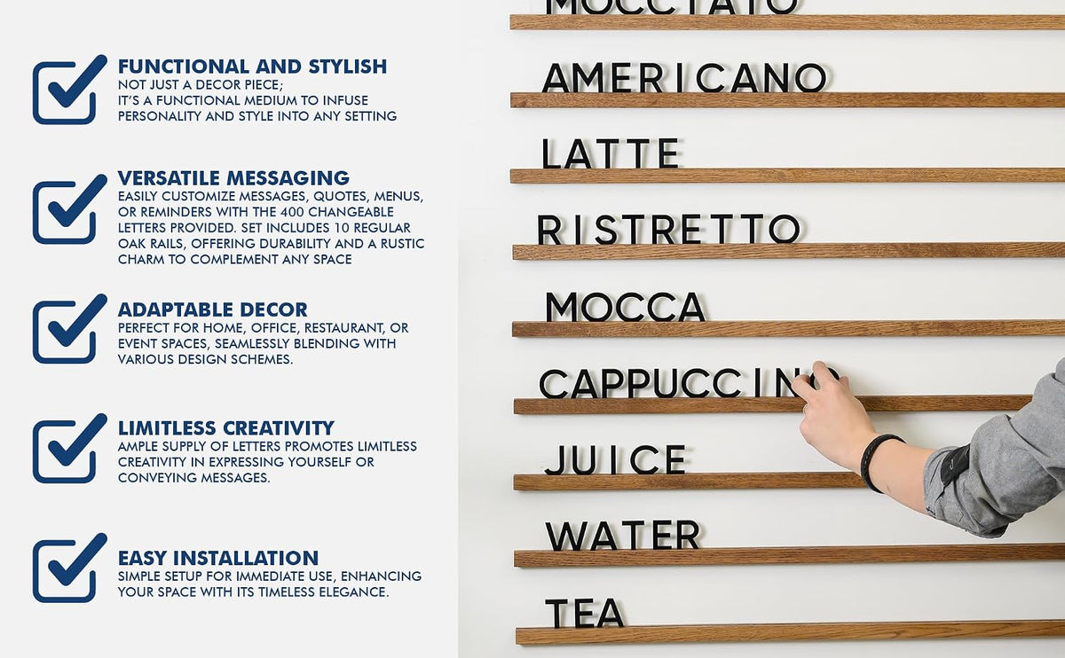 Inko Horeca Wooden Wall Menu Board - 10 Oiled Oak Rails + 400 White Letters - Changeable Letter Shelf Display for Cafe, Restaurant & Home Decor