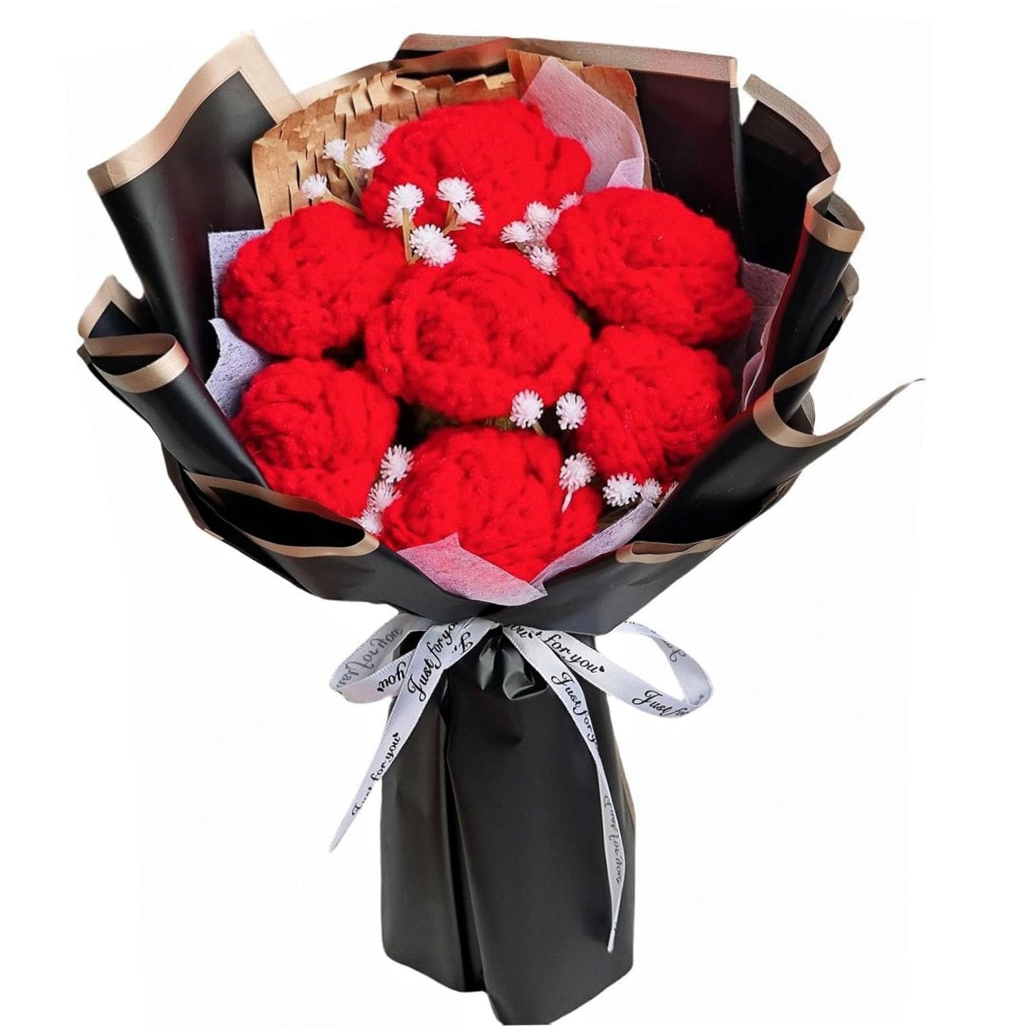 7pcs Crochet Roses Bouquet Pink, Knitted Flowers Bouquet, Preserved Rose Flowers, Artificial Flower Gift for Wife Girlfriend Friend Home Office Decor(Pink-Rose)