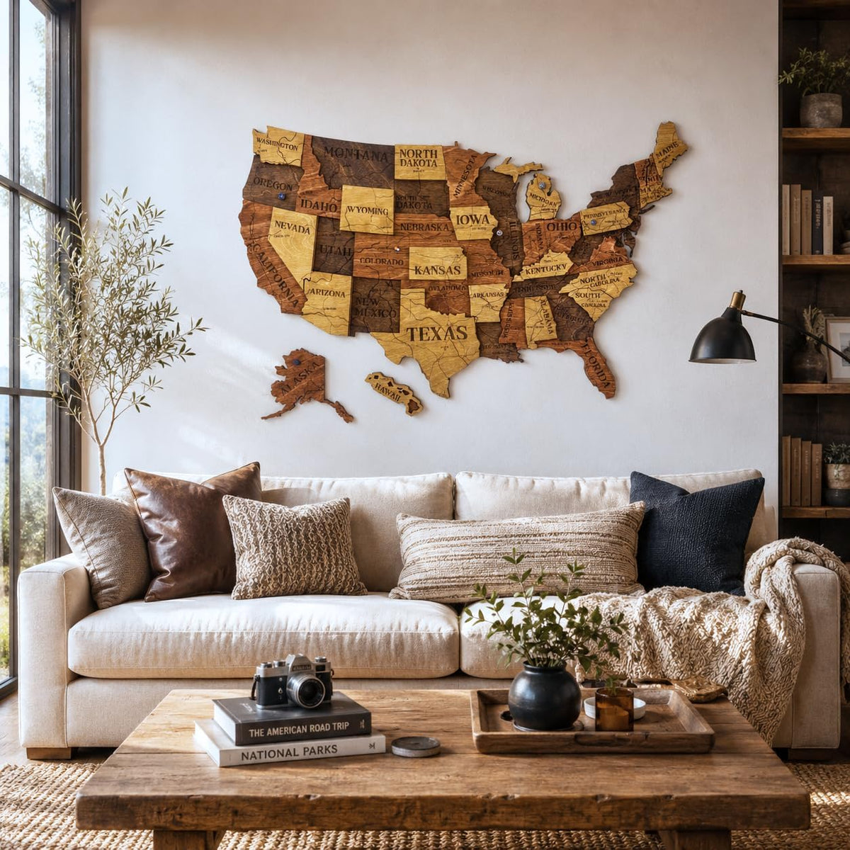 Wooden USA Map Visited Places - Wood United States Map with Push Pins - 3D US States Travel Tracker Wall Art Decor - Wooden America Atlas - New Home Gift (Nature)
