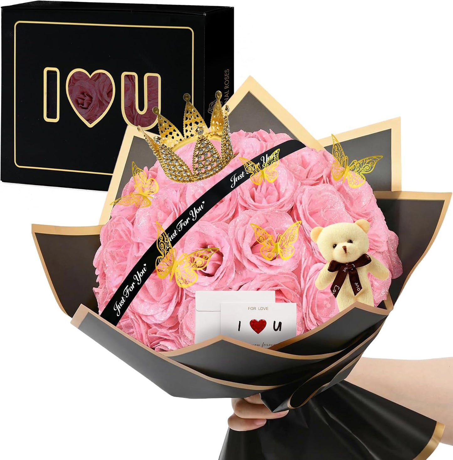 Light Pink Glitter Flower Bouquet, 36 Pcs DIY Artificial Glitter Rose Bouquet with Bear & Butterfly & Golden Crown, Eternal Flowers Gifts for Her, Girlfriend, Valentines, Birthday, Mother's Day