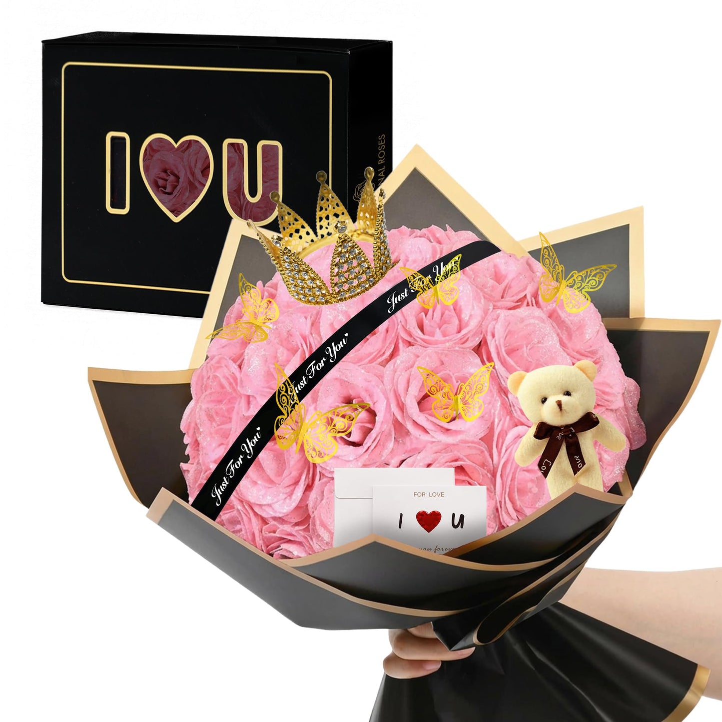 Light Pink Glitter Flower Bouquet, 36 Pcs DIY Artificial Glitter Rose Bouquet with Bear & Butterfly & Golden Crown, Eternal Flowers Gifts for Her, Girlfriend, Valentines, Birthday, Mother's Day