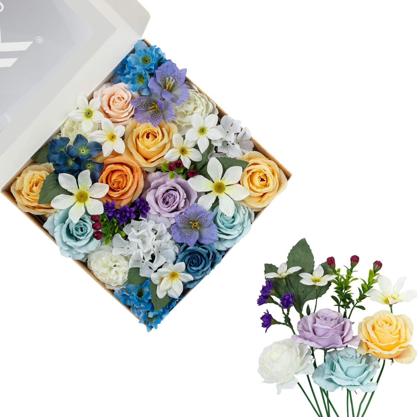 Artificial Flowers DIY Bouquet Combo Faux Rose for Home Decor | Purple Dusty Gray Bule White Fake Rose Peony Daisy Silk Flowers for Vase, Rustic Wedding, Gothic Events, Party, Anniversaries