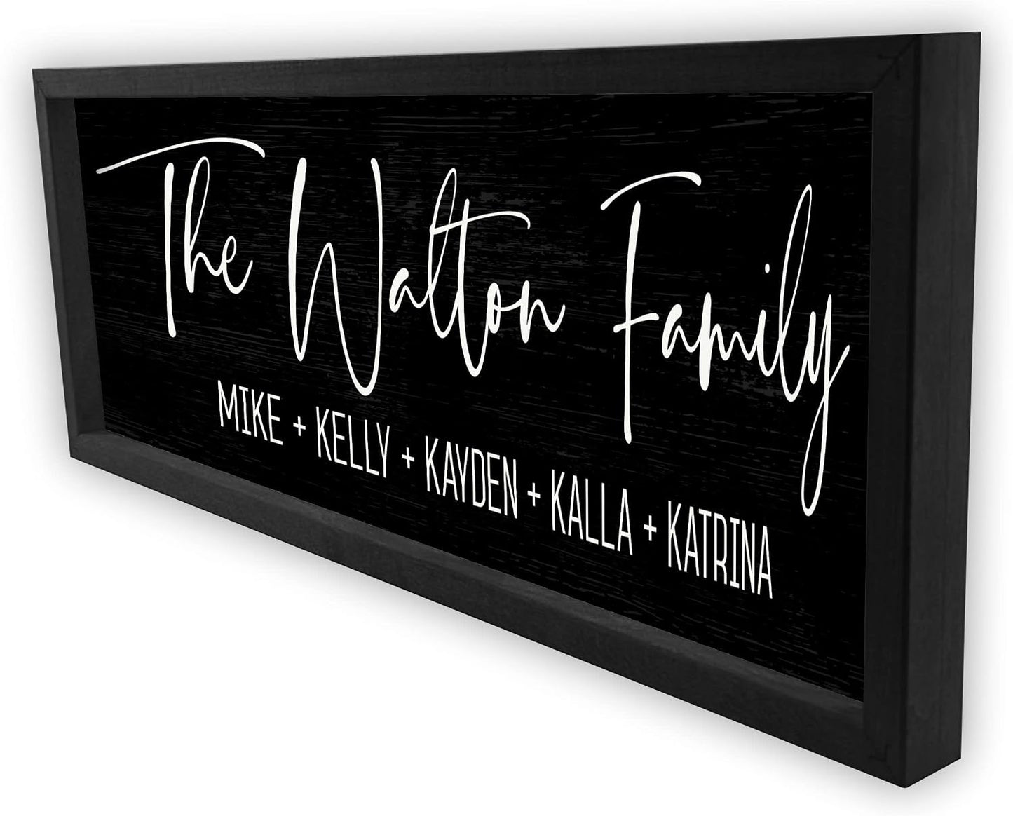 Personalized Framed Family Name Sign 8x24 – Black Frame, Black | solid poplar wood, printed canvas board, no decals, add text and est date, wedding housewarming gift, farmhouse
