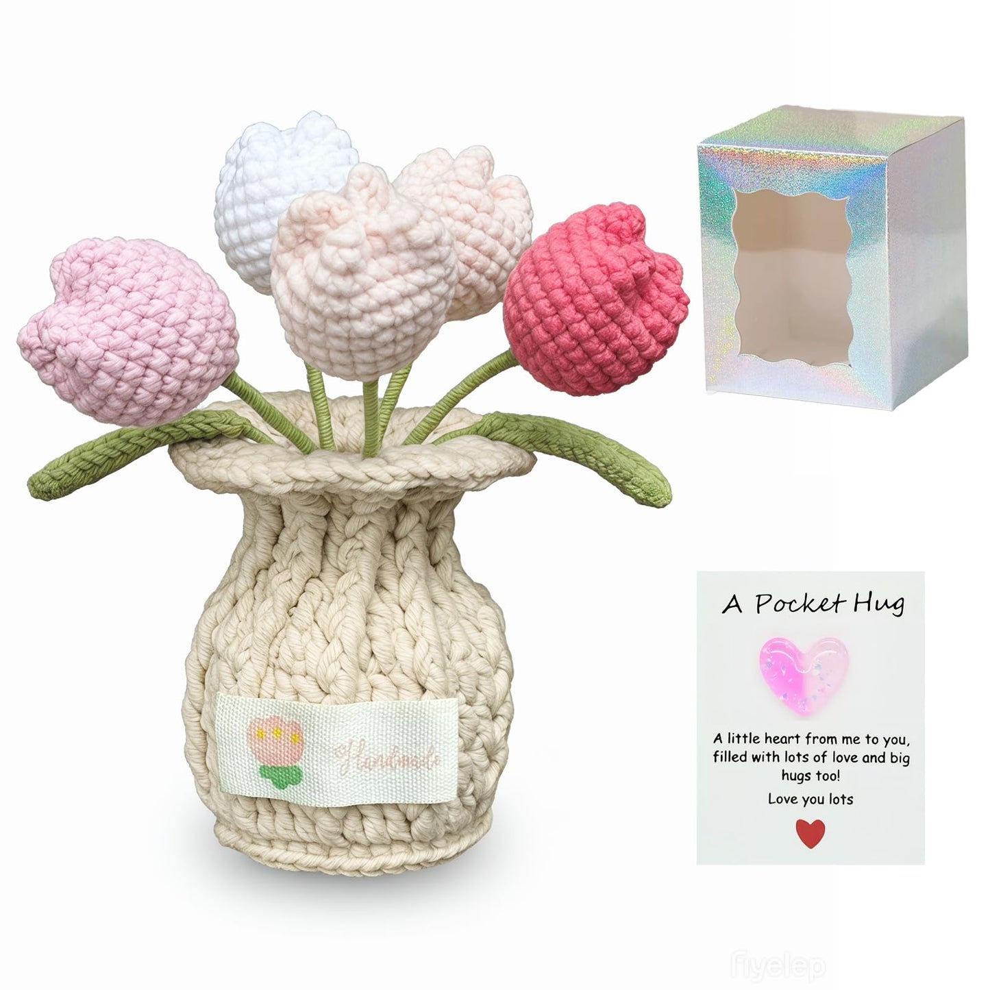 Hand-Made Crochet Red Roses with Pocket Hug Card and Gift Box, Knitted Artificial Flowers for Home Room Table Office Decor and Appreciation Gifts for Family Girlfriend Other Half Mothers Day