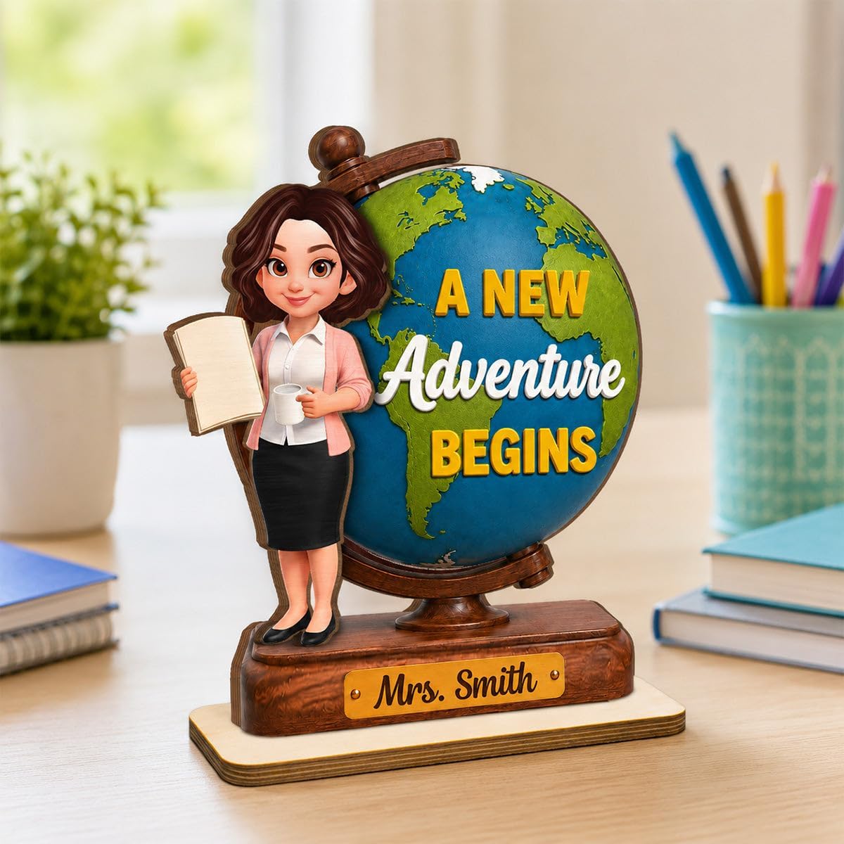 Teacher World Globe 2D Flat - Personalized Wooden Plaque - Back To School Gift Classroom Desktop Board Sign Appreciation End Of Year Presentation Faculty Educator Mentor Desk Display