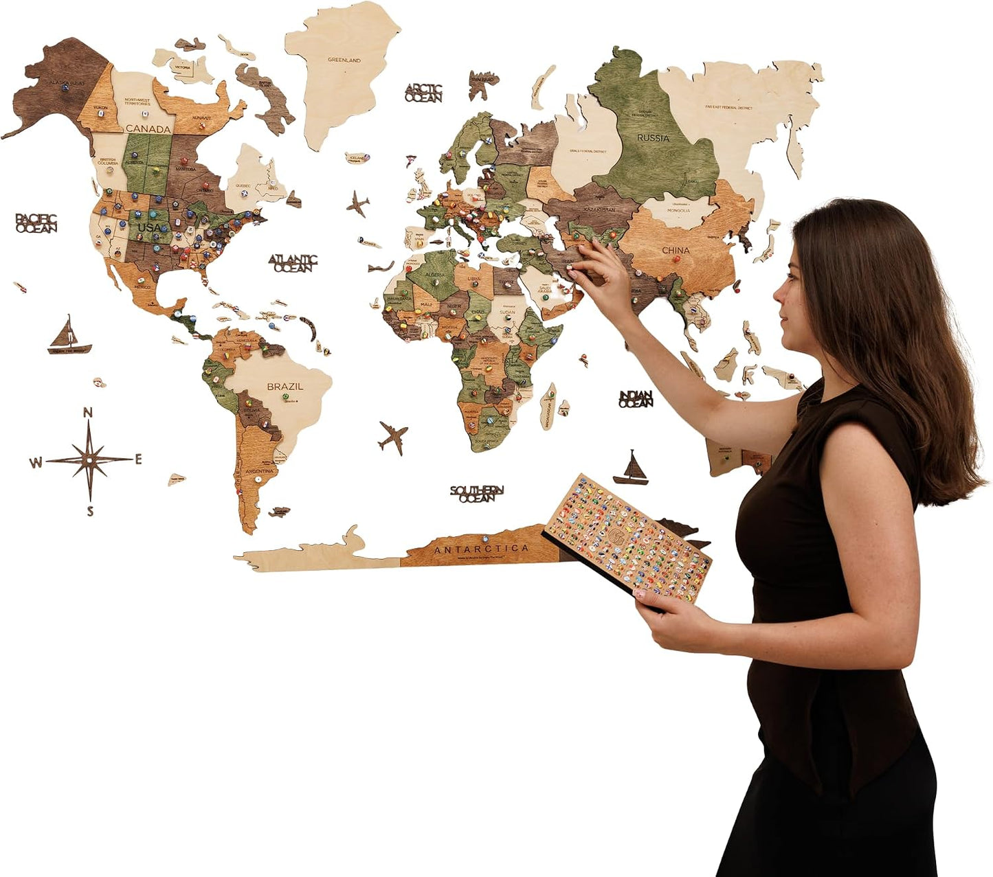 Enjoy The Wood 3D Wooden World Map Wall Art (Nature, L, Unframed) | Large Travel Map with Pins for Art Decor, Decorative Map of the World for Home, Office Travel Wall Art Housewarming Gift Idea
