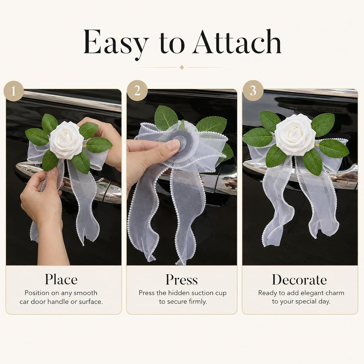 4PCS Artificial Rose Door Handle Flowers Wedding Car Decorations | Just Married Vehicle Decor Kit Flower with Pearl Tulle Bow & Suction Cup, Newlyweds Send Off,Engagement Party Accessories