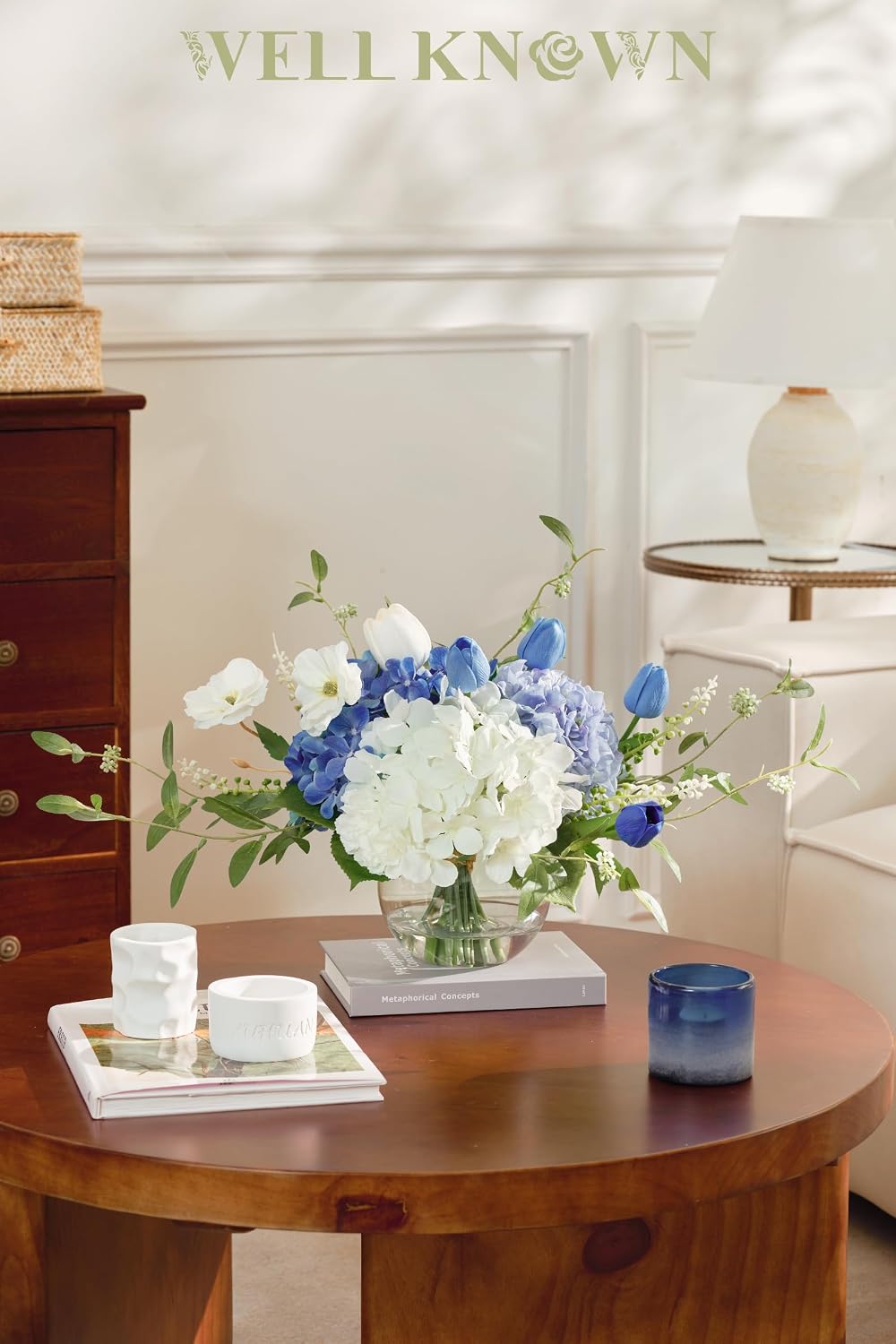 WELL KNOWN Artificial Flowers with Vase, Silk Blue & White Flower Bouquet | Hydrangea Peony in Vase with Faux Water for Home Decor, Fake Tulips Flower Arrangements for Wedding Party Table Centerpieces