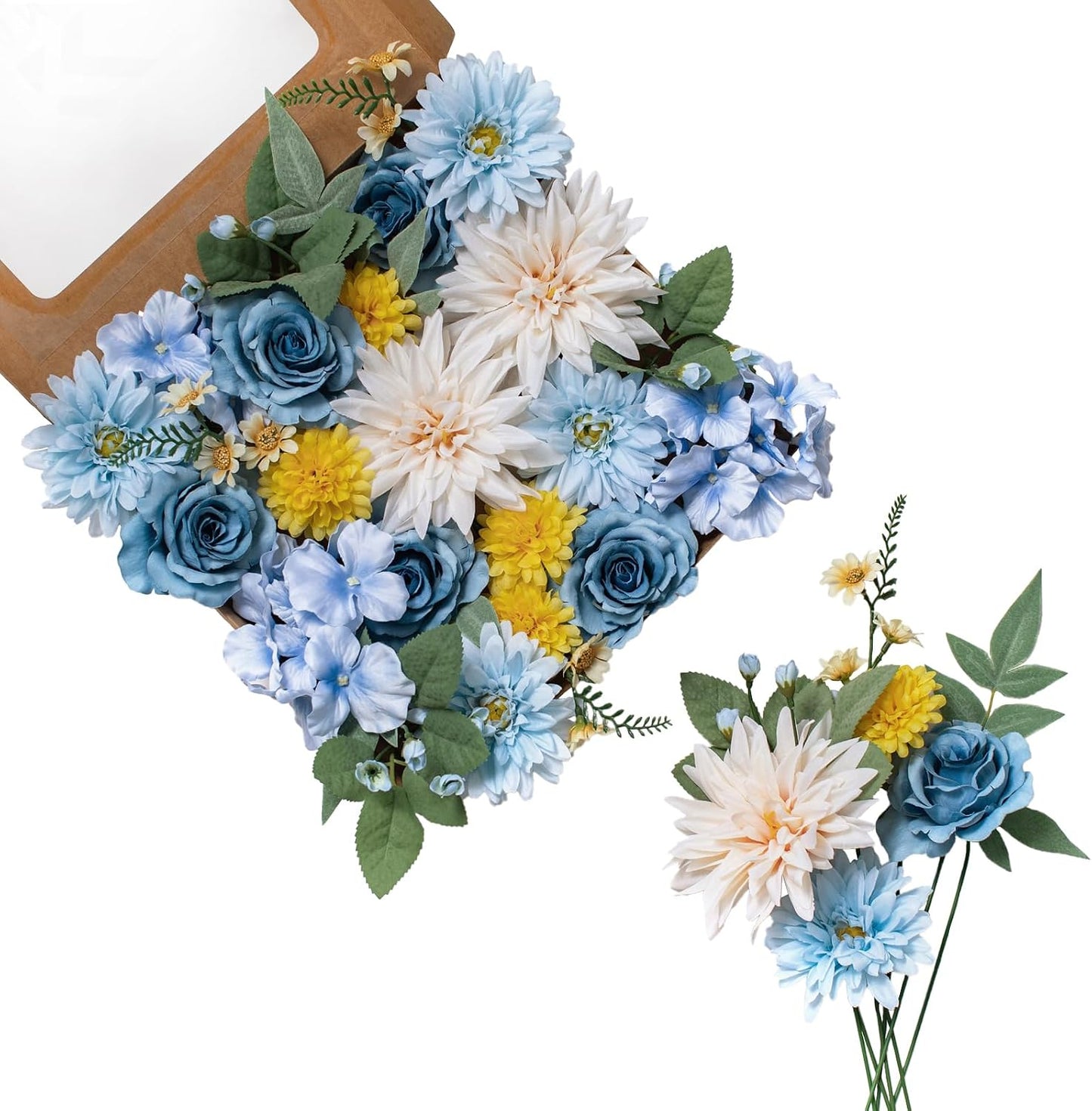 Artificial Flowers DIY Bouquet Combo Faux Rose for Home Decor | Blue White Yellow Fake Dahlia Daisy Hydrangea for Vase, Floral Arrangement, Centerpieces, Wedding Arches, Party Décor