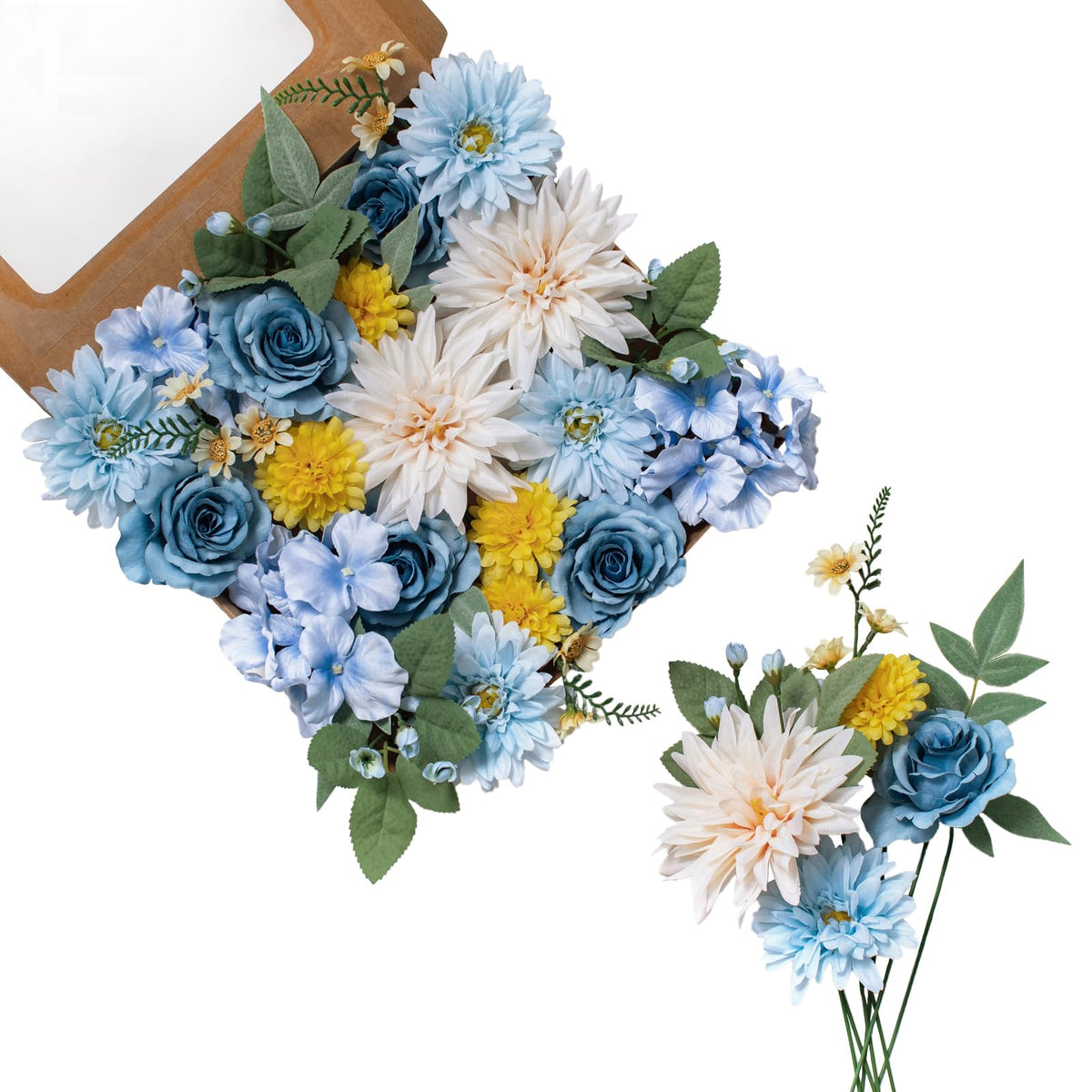 Artificial Flowers DIY Bouquet Combo Faux Rose for Home Decor | Blue White Yellow Fake Dahlia Daisy Hydrangea for Vase, Floral Arrangement, Centerpieces, Wedding Arches, Party Décor