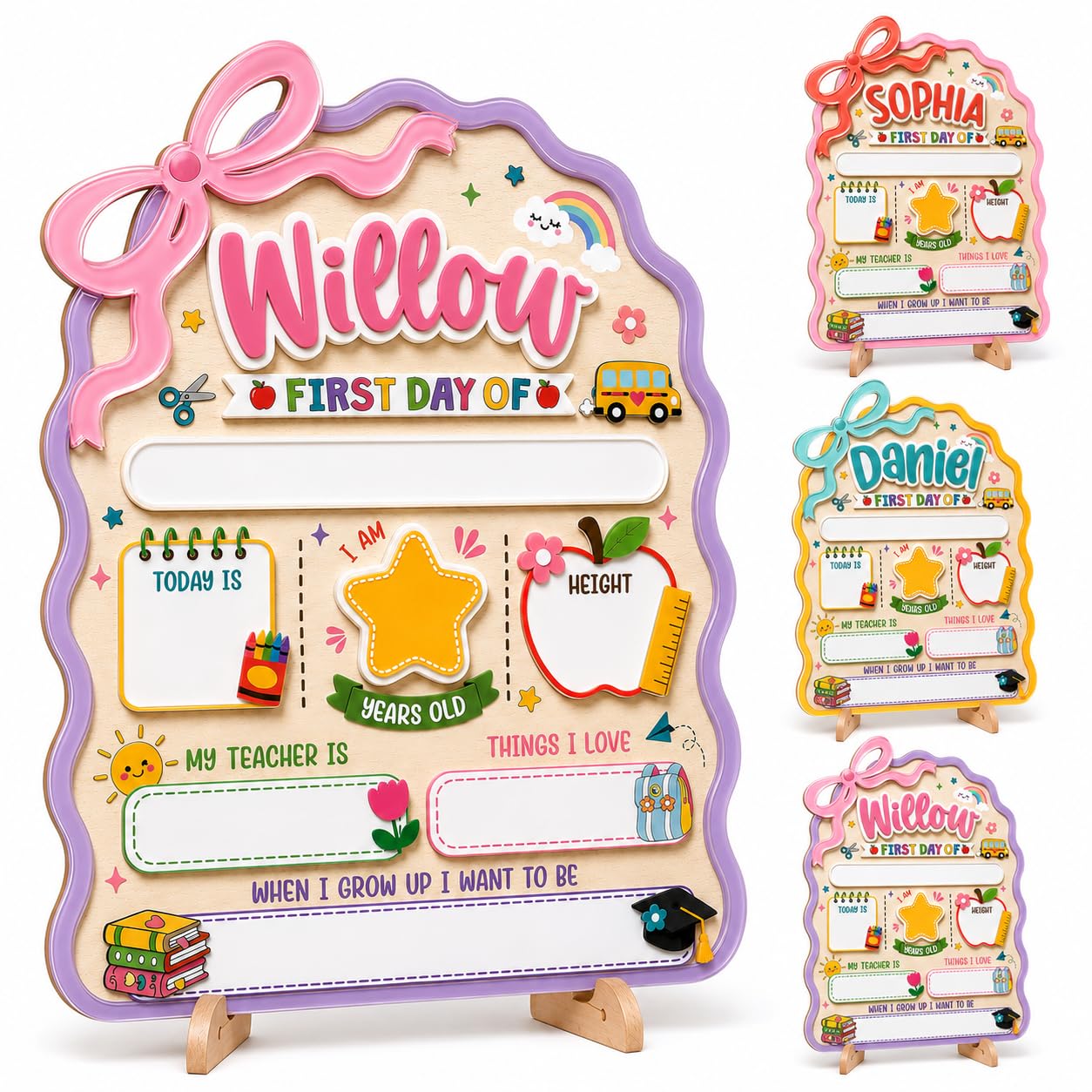 Personalized First and Last Day of School Board with Custom Name, 2-Layer Wooden Dry Erase Sign, Reusable Back to School Photo Prop for Kids