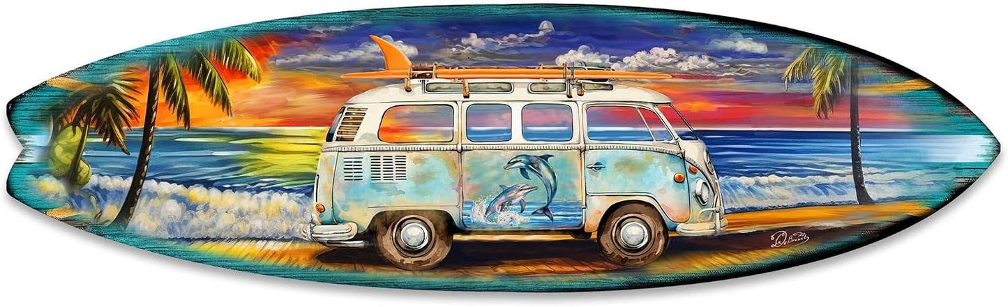 48-inch Surf Van at the Beach Wall Art, Handcrafted Coastal Holiday Décor by G. Debrekht