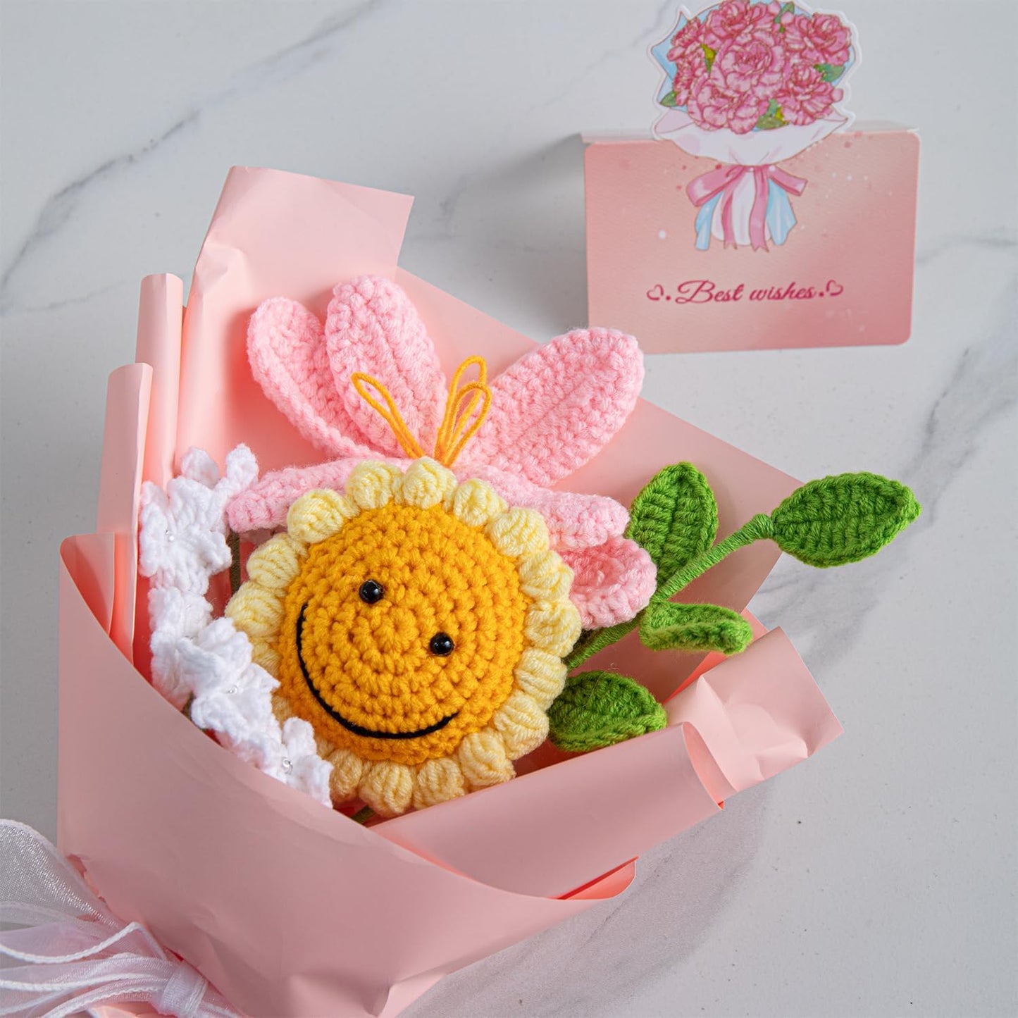 Crochet Flower Bouquet, Handmade Pink Tulip Sunflower Gift for Women | Skin-Friendly Odor-Free Yarn, Everlasting No Watering Needed, Vivid Full-Bloom Shape, Ideal Gift For Mom, Daughter & Sister