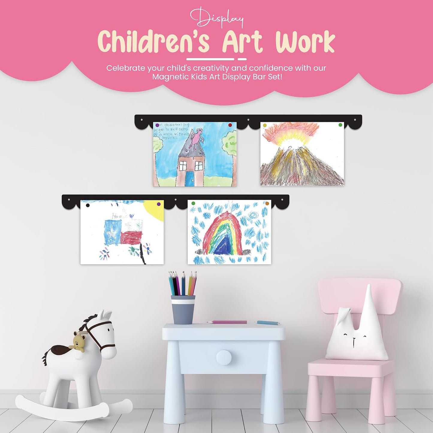 Scalloped Magnetic Art Display for Kids Artwork & Photos (Set of 2) – Kids Artwork Display for Wall – Magnetic Photo Display Strips with Push-Pin Magnets (Black, 23in)