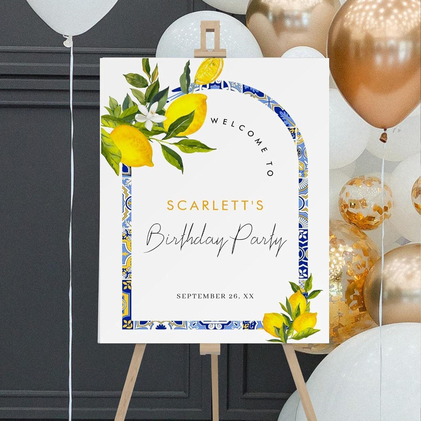 Personalized Lemon Mediterranean Birthday Welcome Sign – Custom Elegant Party Display Board for Women Girls Adults – Summer Printed Decoration for Birthday Celebration Garden Citrus Theme Decor