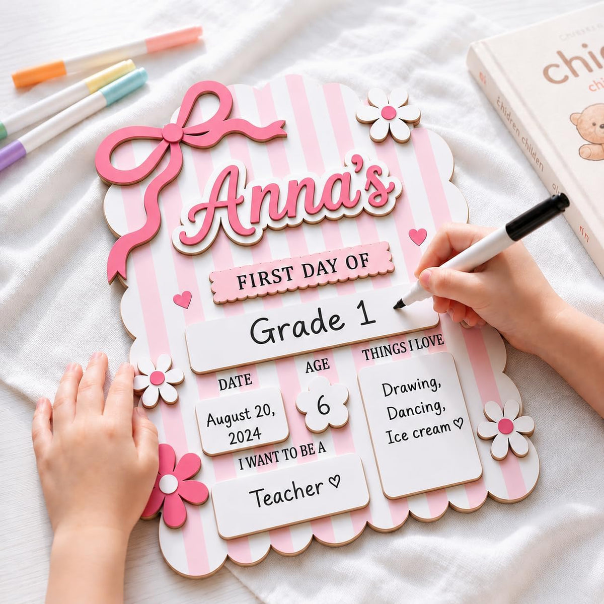 Personalized First and Last Day of School Board with Custom Name, 2-Layer Wooden Dry Erase Sign, Reusable Back to School Photo Prop for Kids