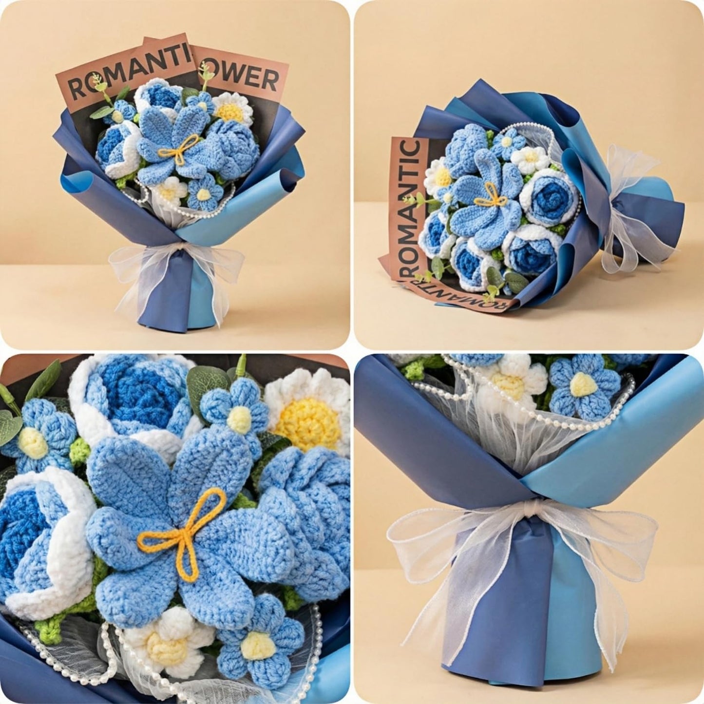 Crochet Flower Bouquet, Handmade BlueTulip Rose Gift for Women(with Card) | Skin-Friendly Odor-Free Yarn, Everlasting No Watering Needed,Vivid Full-Bloom Shape, Ideal Gift For Mom, Daughter & Sister