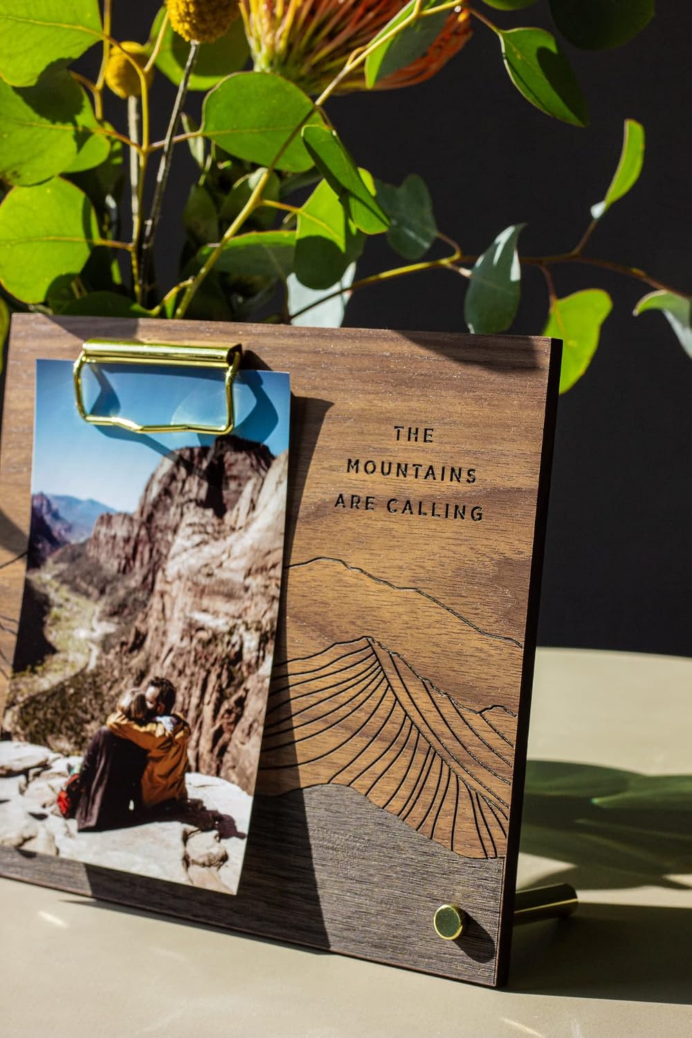 The Mountains Are Calling Wood Frame [Custom Engraved Photo Holder, Picture Display, Clipboard, Wedding, Anniversary]