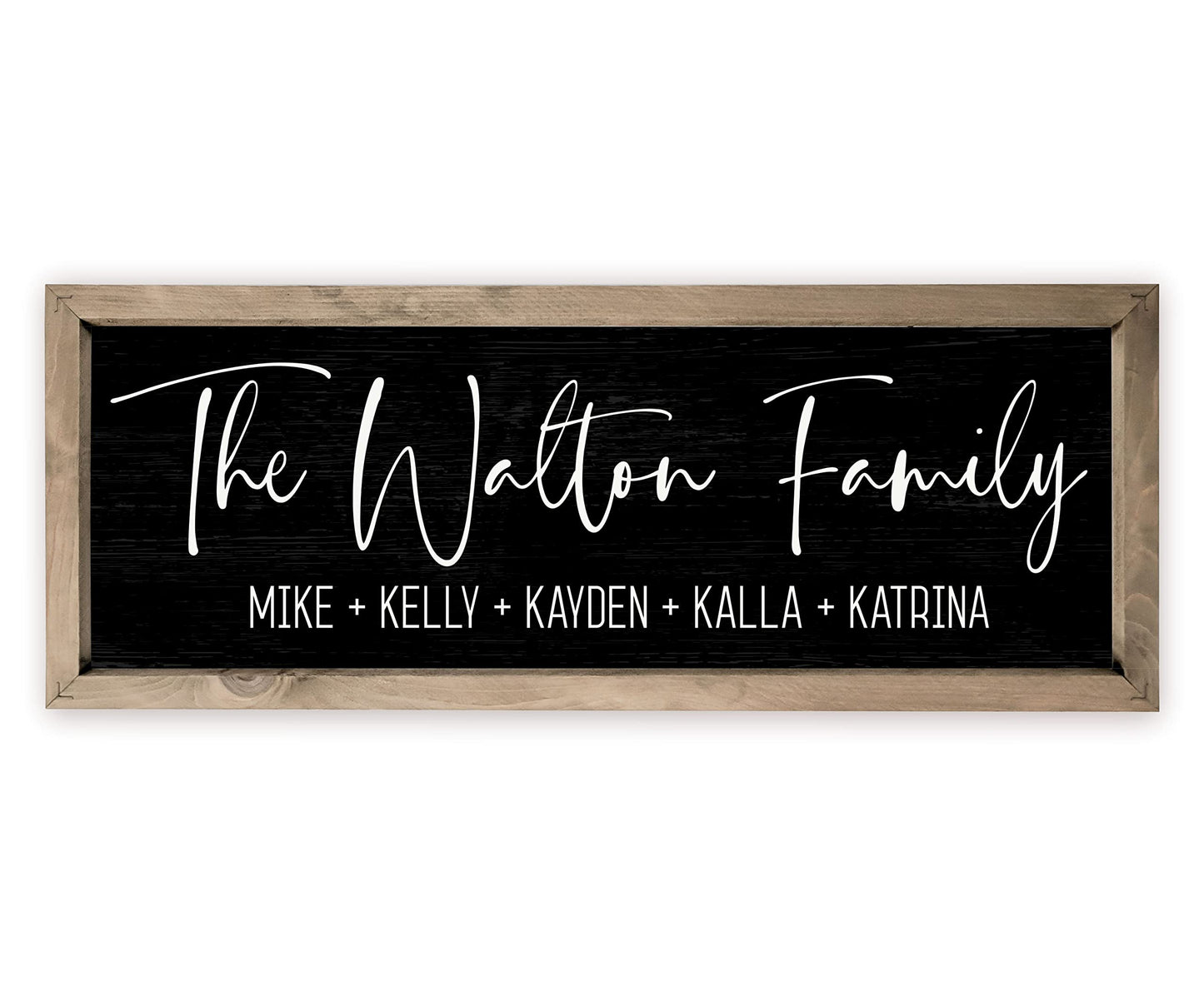 Personalized Framed Family Name Sign 8x24 – Black Frame, Black | solid poplar wood, printed canvas board, no decals, add text and est date, wedding housewarming gift, farmhouse