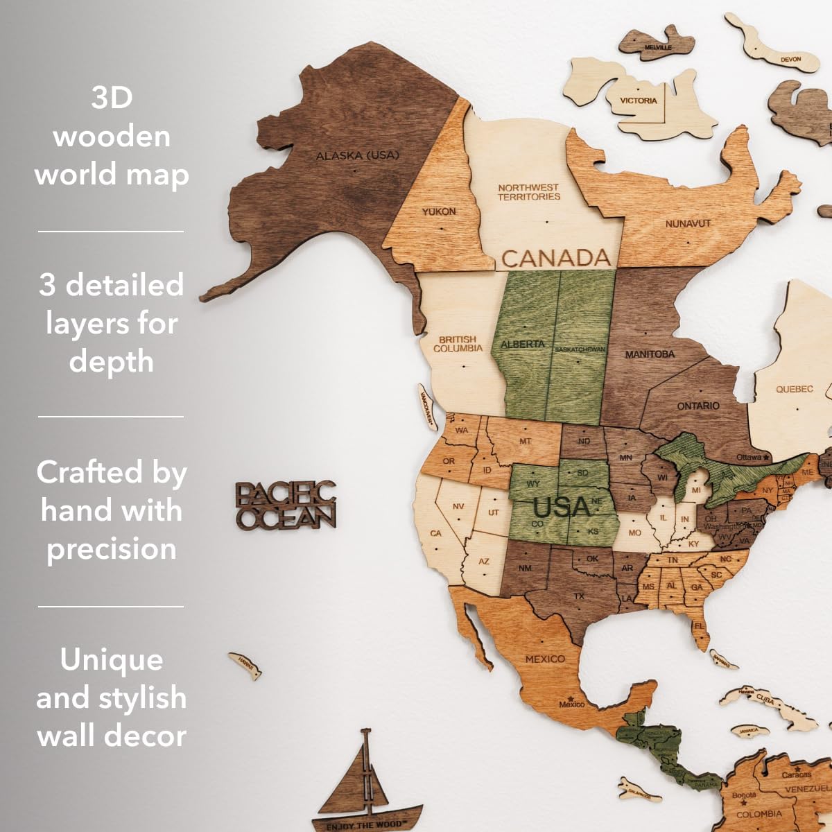 Enjoy The Wood 3D Wooden World Map Wall Art (Nature, L, Unframed) | Large Travel Map with Pins for Art Decor, Decorative Map of the World for Home, Office Travel Wall Art Housewarming Gift Idea