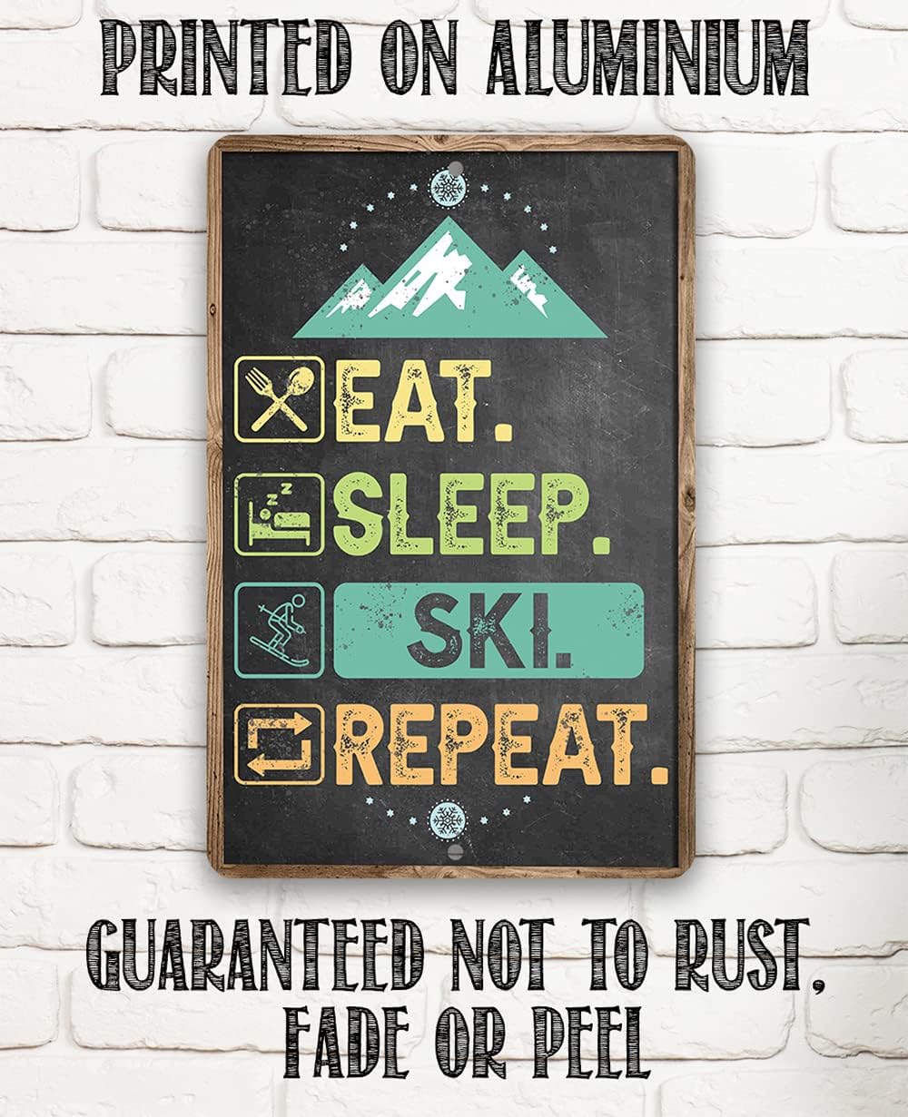 Ski Signs - Eat Sleep Shuss - Metal Sign Chalkboard Style - Use Indoor or Outdoor - Great Mountain Cabin Display, Winter Chalet Room Wall Art, Slopes Theme Holiday Idea, 8x12 Inches