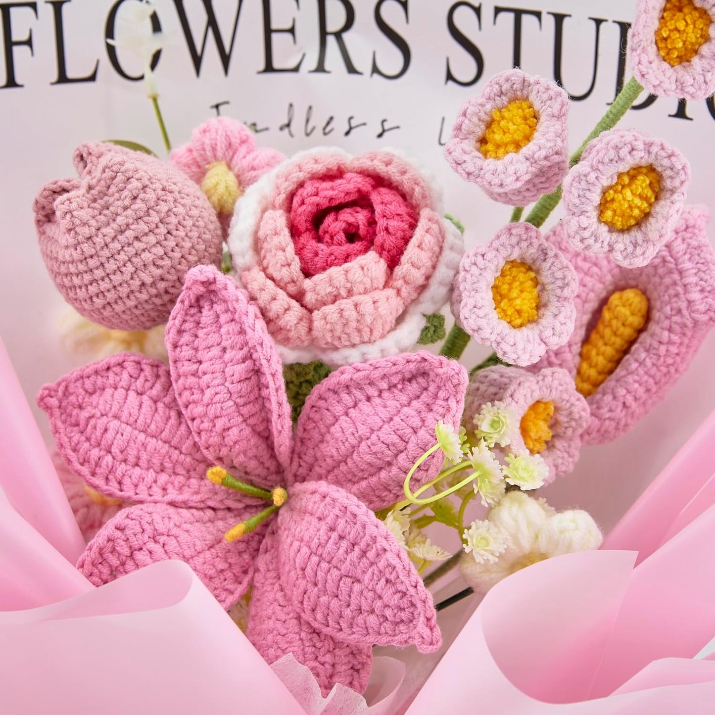 Crochet Flower Bouquet of Pink Lilies, Tulips, Roses, Lily of Valley | Flowers Gifts for Girlfriend,Mom,Granny,Graduation, Anniversary, Birthday Gifts, Christian Gifts