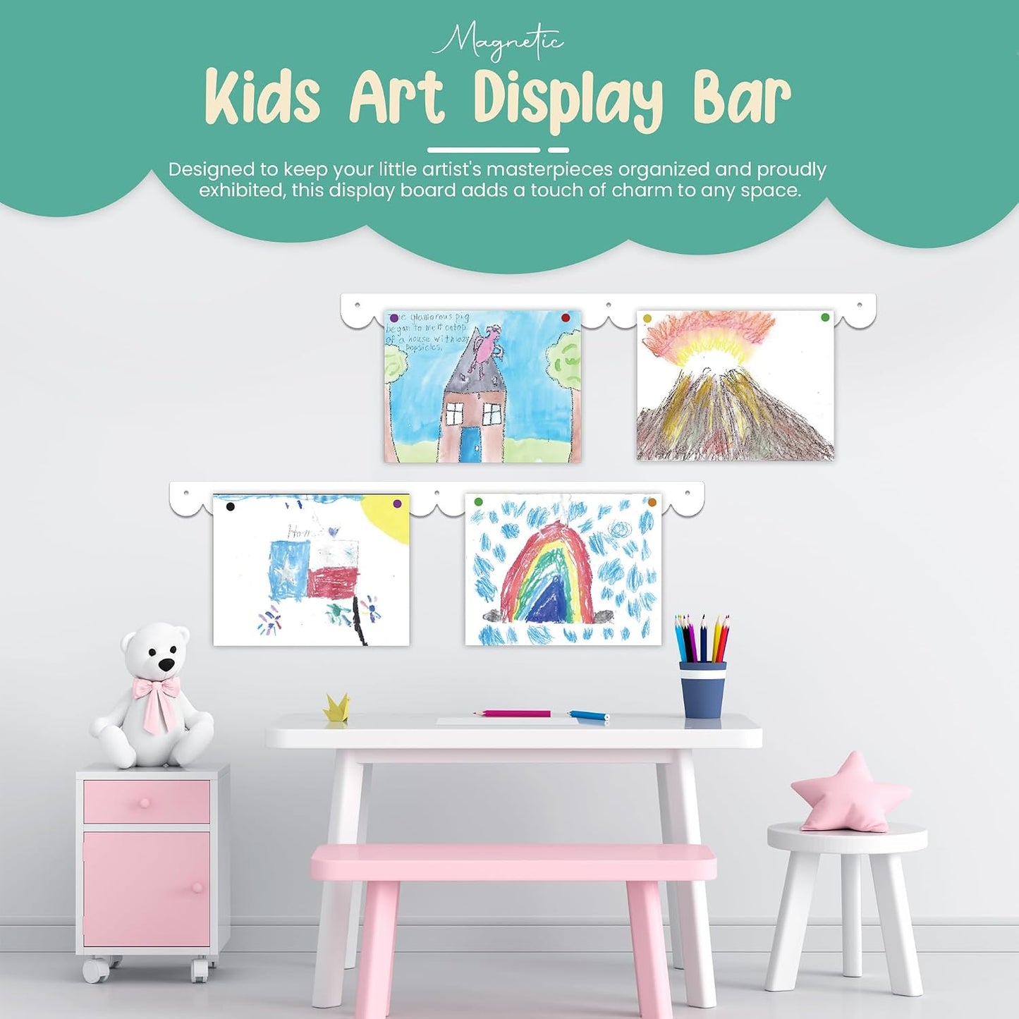 Scalloped Magnetic Art Display for Kids Artwork & Photos (Set of 2) – Kids Artwork Display for Wall – Magnetic Photo Display Strips with Push-Pin Magnets (White, 23in)