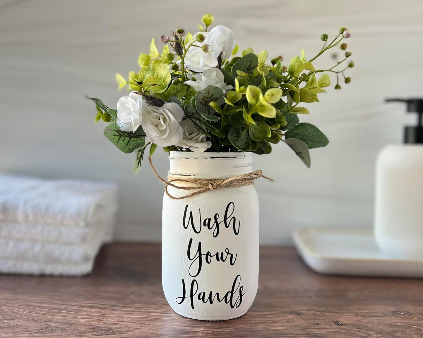 Wash Your Hands Mason Jar, Hand Painted and Distressed Mason Jar Decor, Pint 16 oz. Regular Mouth, Artificial Flower Arrangement for Bathroom, Rustic Farmhouse Bathroom Decor for Shelf