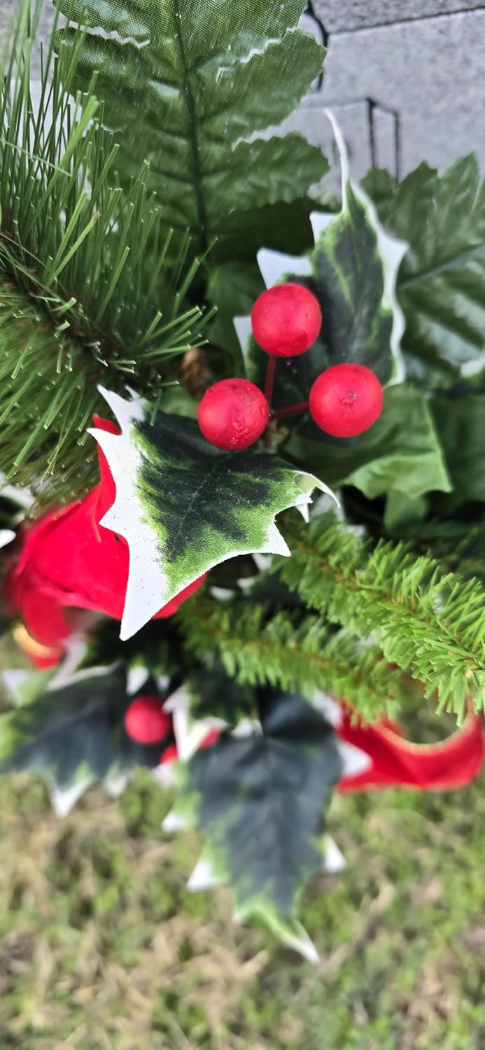 Cemetery Cone with Berries, Holly, and Pine - Christmas Memorial Decoration - Realistic Silk Faux Floral Artificial Grave Flowers -