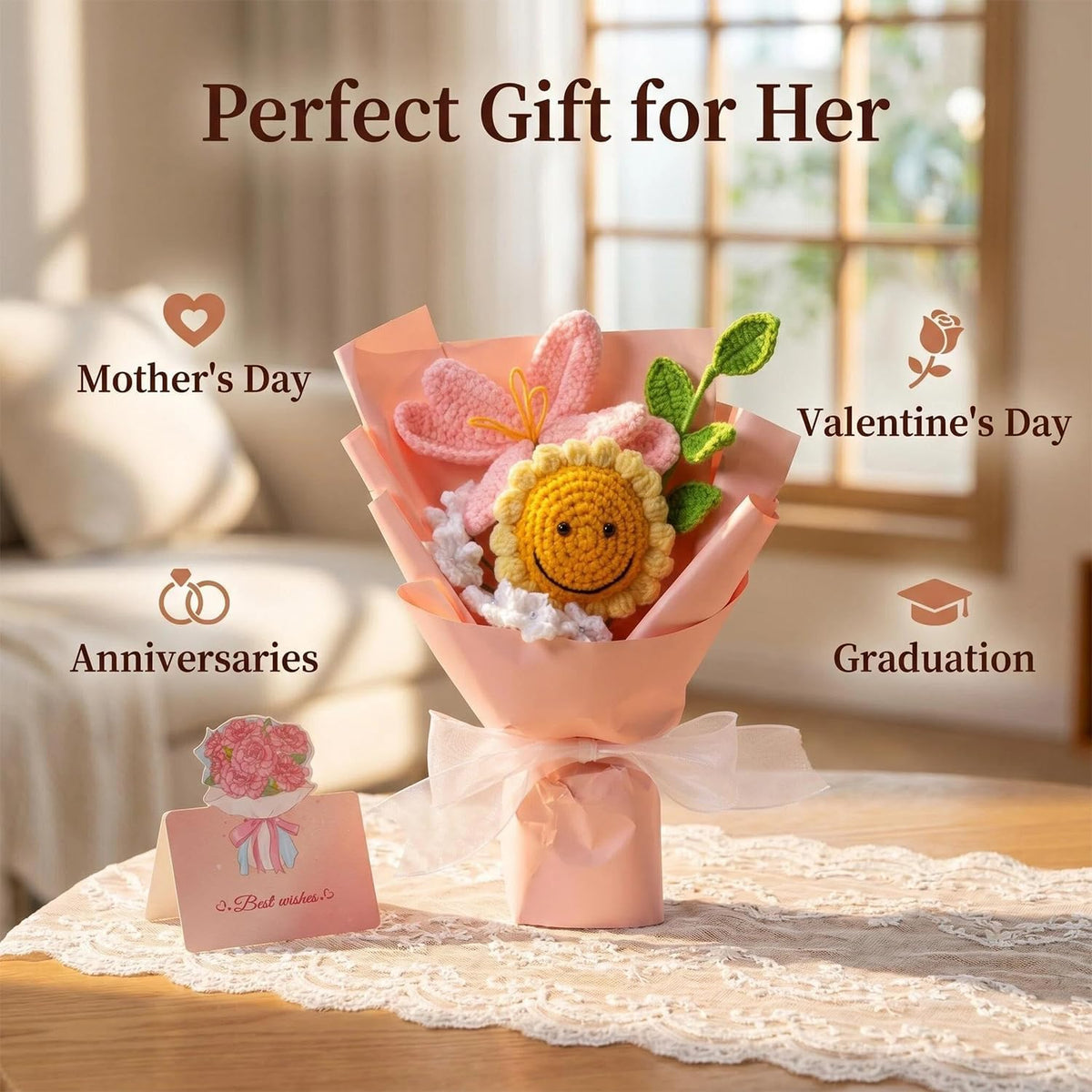 Crochet Flower Bouquet, Handmade Pink Tulip Sunflower Gift for Women | Skin-Friendly Odor-Free Yarn, Everlasting No Watering Needed, Vivid Full-Bloom Shape, Ideal Gift For Mom, Daughter & Sister