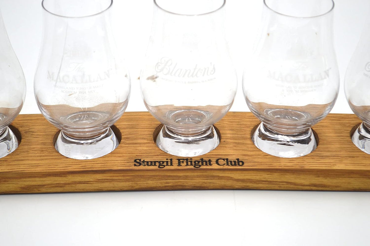 Personalized Laser Engraved Whiskey Glass Flight Tasting Board Holder 3, 4 or 5 Made from a Kentucky Bourbon barrel stave (Glasses Not Included) (5 Glass, Golden Oak)