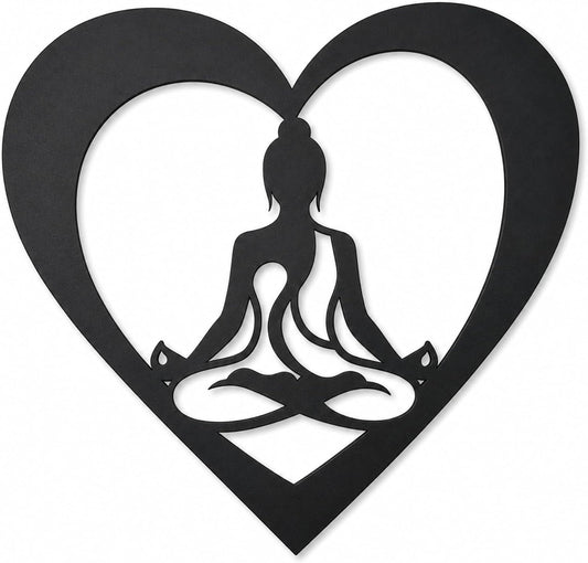 Meditation Heart Metal Wall Art, Yoga Room Decor, 12 x 11.4 Inch | Smooth matte black powder-coated finish gives a clean modern look for minimalist and boho spaces.