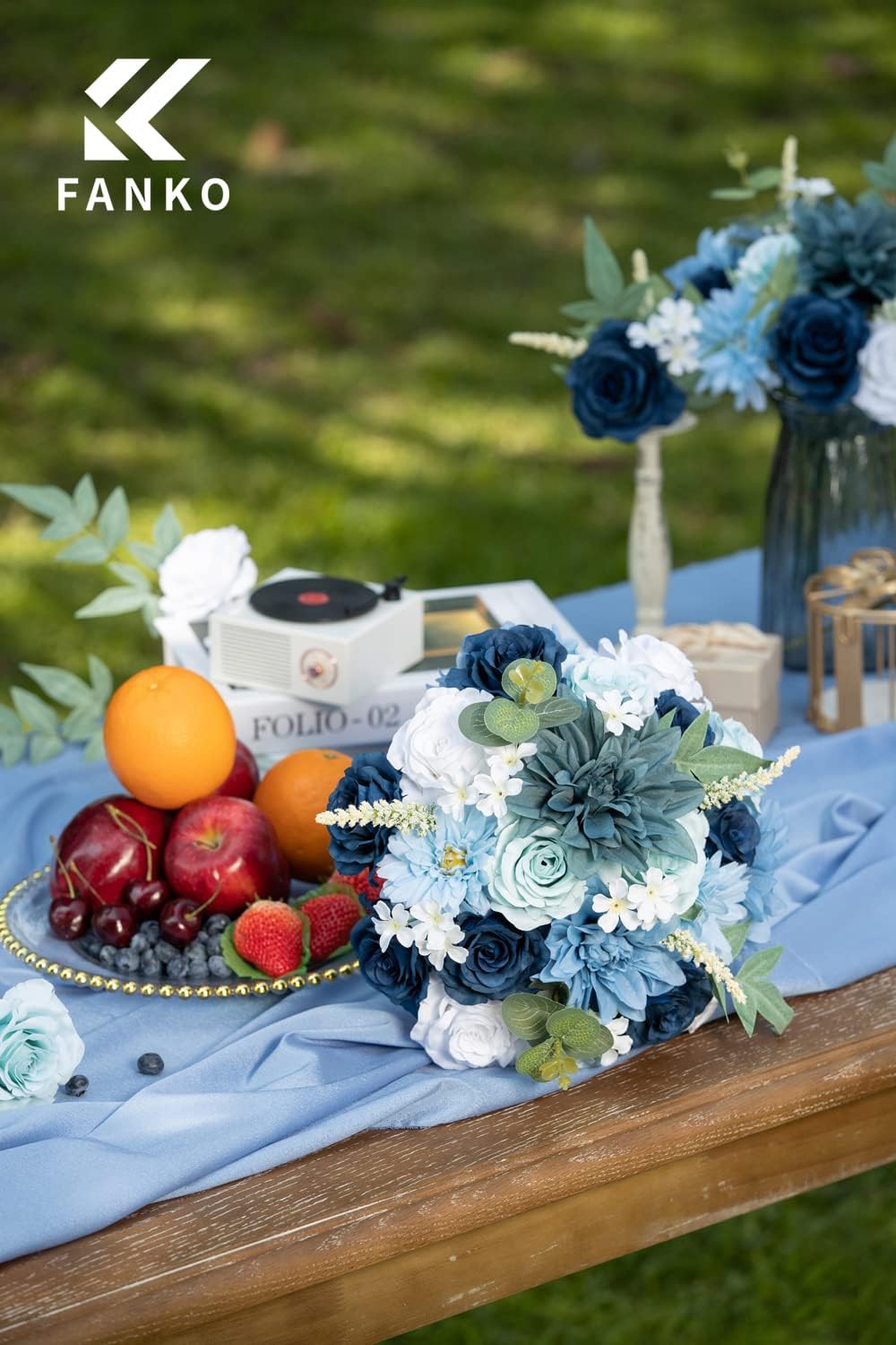 Artificial Flowers DIY Bouquet Combo Faux Rose for Home Decor | Blue White Fake Roses Dahlia Daisy Silk Flowers for Vase, Wedding Centerpiece, Floral Arrangement Décor