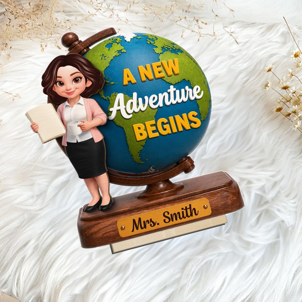 Teacher World Globe 2D Flat - Personalized Wooden Plaque - Back To School Gift Classroom Desktop Board Sign Appreciation End Of Year Presentation Faculty Educator Mentor Desk Display