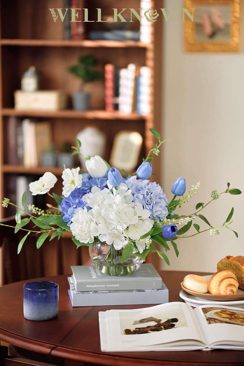 WELL KNOWN Artificial Flowers with Vase, Silk Blue & White Flower Bouquet | Hydrangea Peony in Vase with Faux Water for Home Decor, Fake Tulips Flower Arrangements for Wedding Party Table Centerpieces