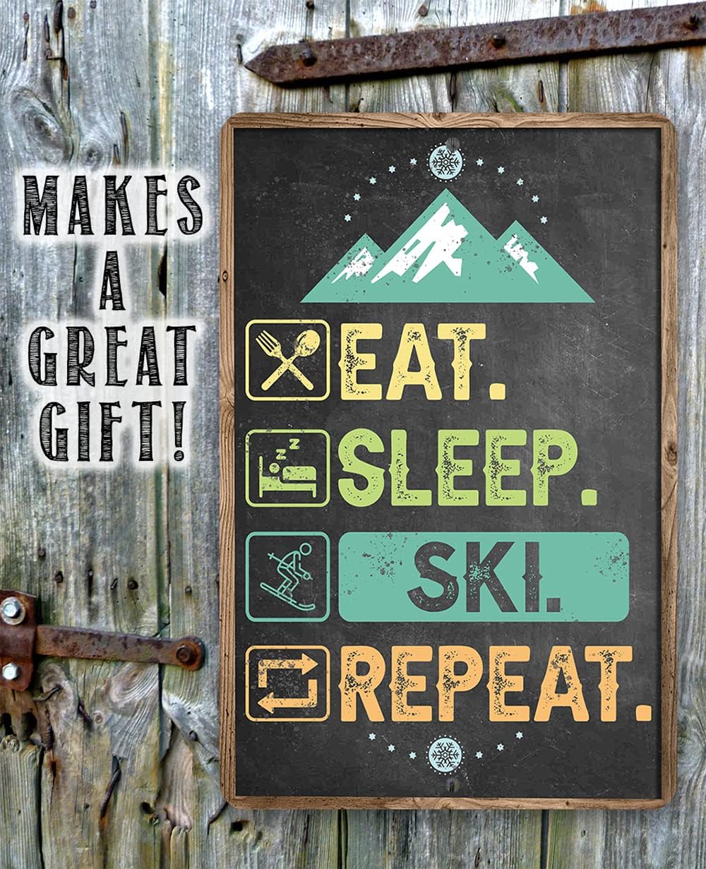 Ski Signs - Eat Sleep Shuss - Metal Sign Chalkboard Style - Use Indoor or Outdoor - Great Mountain Cabin Display, Winter Chalet Room Wall Art, Slopes Theme Holiday Idea, 8x12 Inches