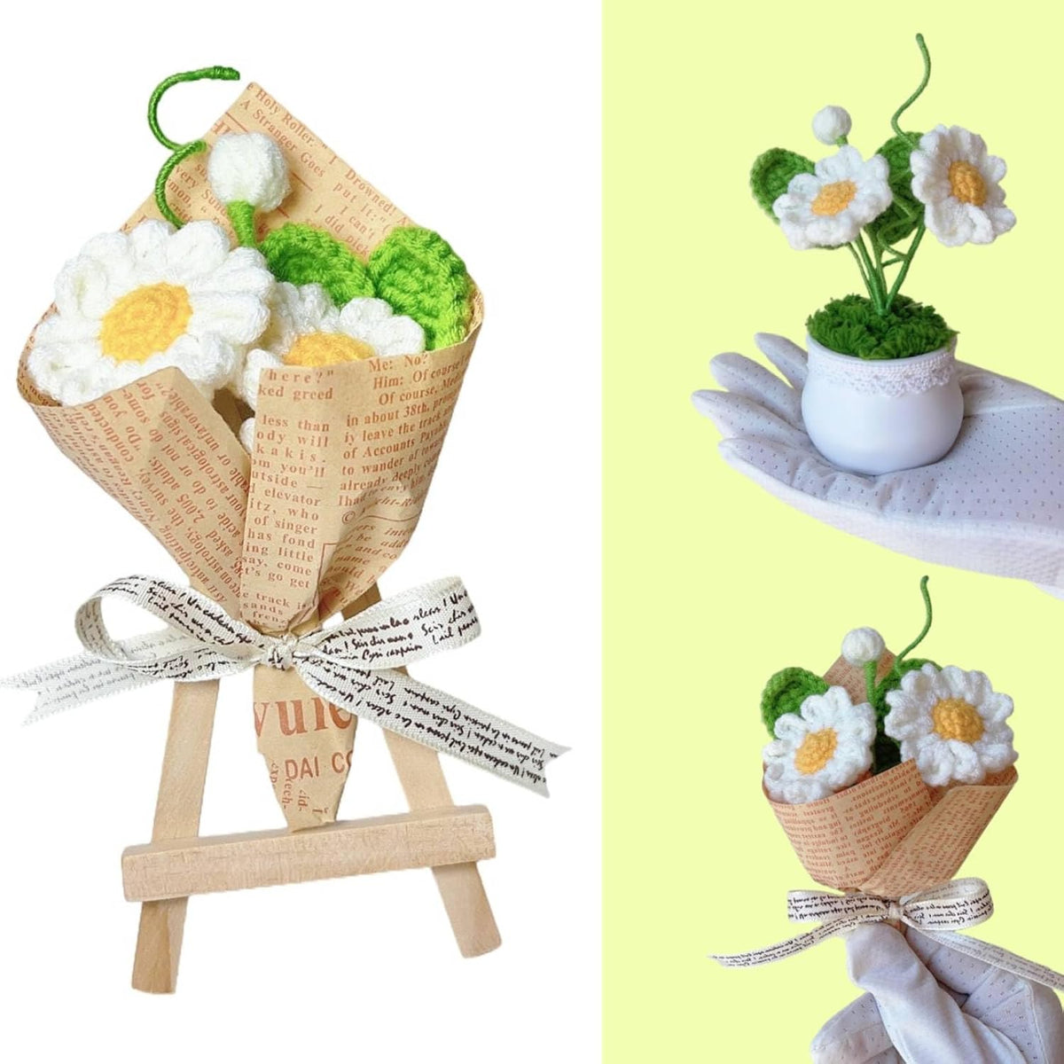 Mini White Daisy Artificial Flowers-Crochet Flower Centerpieces for Tables, DIY Crafts Picture Frames Small Welcome Work Gifts for Employee Teachers Friends Home Party Decor (White Daisy)