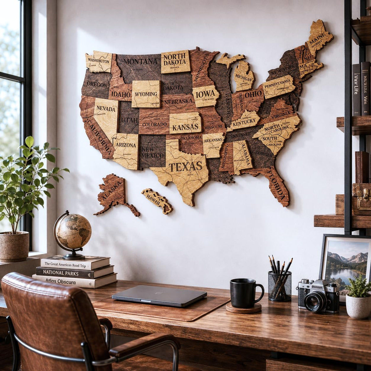 Wooden USA Map Visited Places - Wood United States Map with Push Pins - 3D US States Travel Tracker Wall Art Decor - Wooden America Atlas - New Home Gift (Nature)